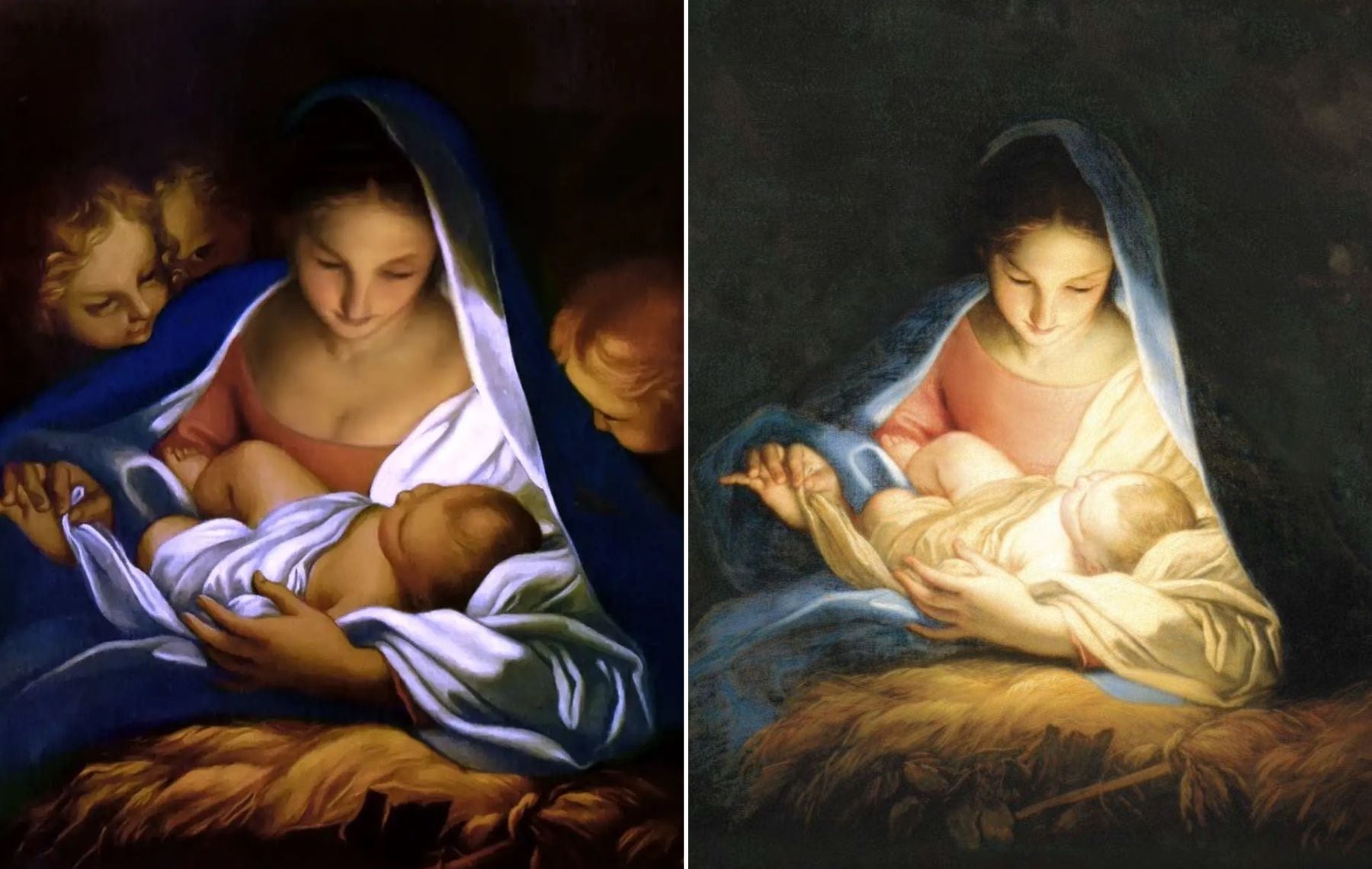 The original version of Carlo Maratta’s painting, titled “The Holy Night” or “The Nativity,” at left. An edited version on the right was used in materials for The Church of Jesus Christ of Latter-day Saints.