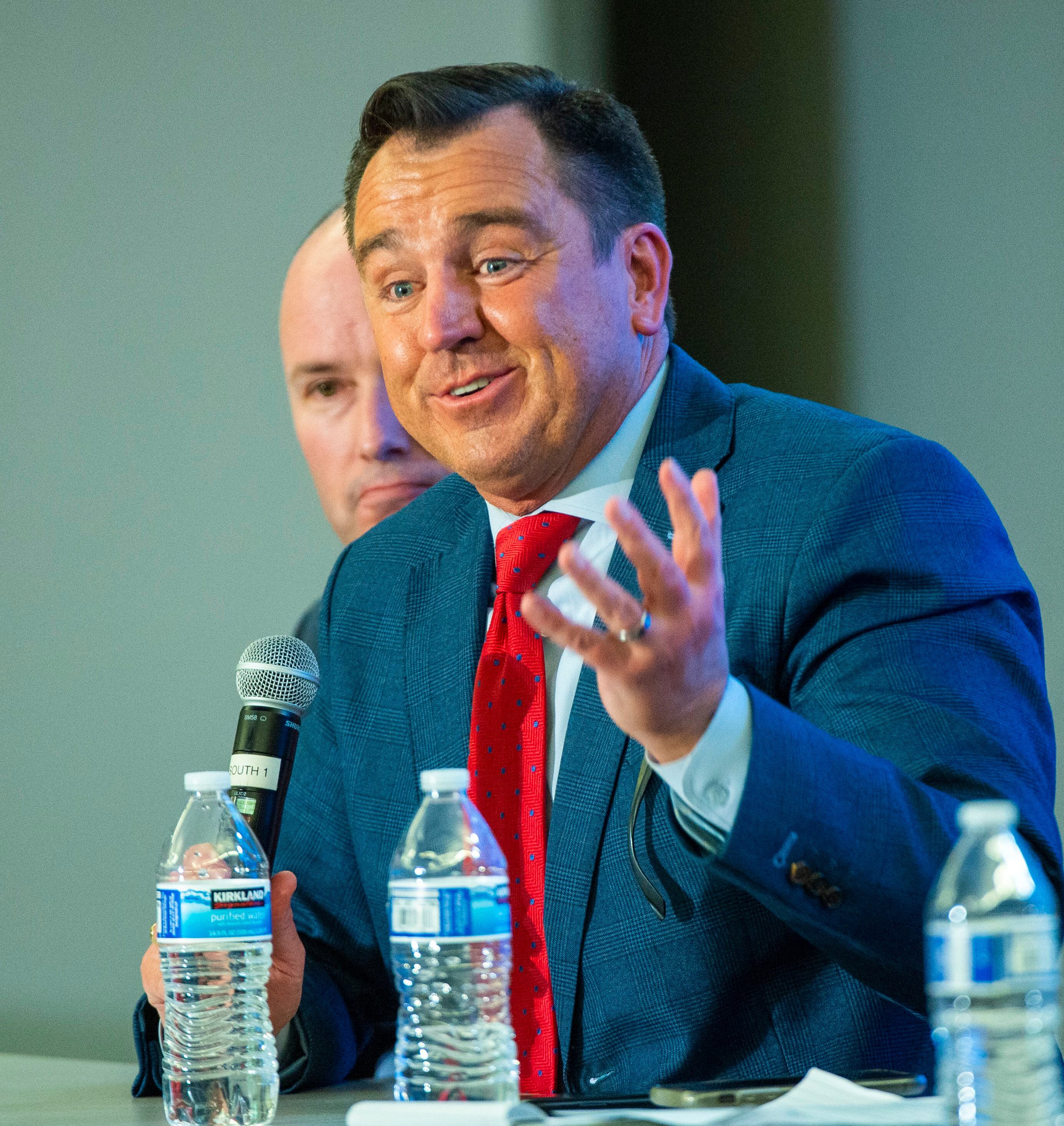 (Rick Egan | The Salt Lake Tribune) Greg Hughes answers a question during a Panel of Gubernatorial Candidates, at the annual Utah Eagle Forum Convention, in Sandy, Saturday, Jan. 11, 2020.