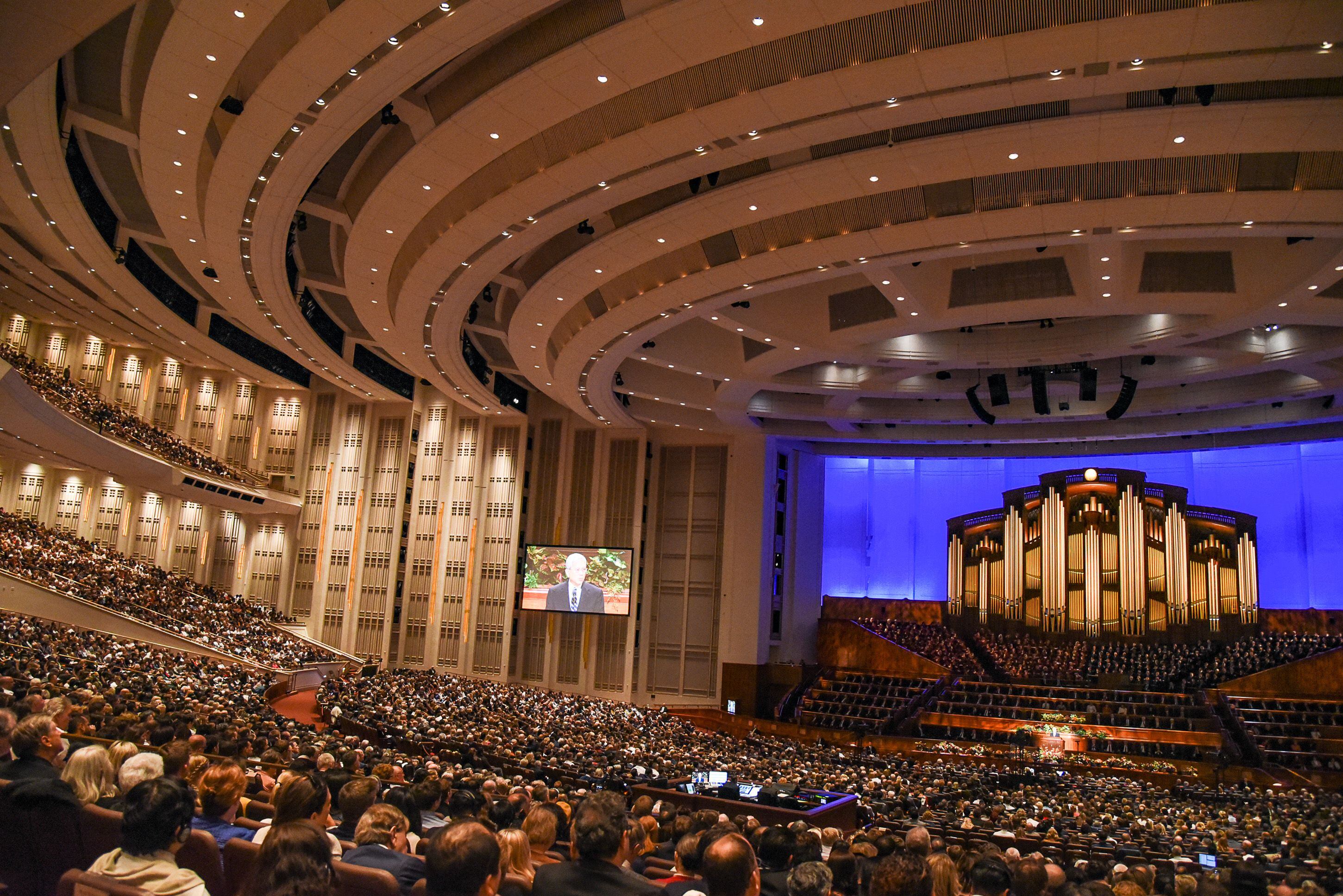 (Francisco Kjolseth | The Salt Lake Tribune) People listen during the Sunday morning session of the 189th twice-annual General Conference of The Church of Jesus Christ of Latter-day Saints in the Conference Center in Salt Lake City on Sunday, Oct. 6, 2019.