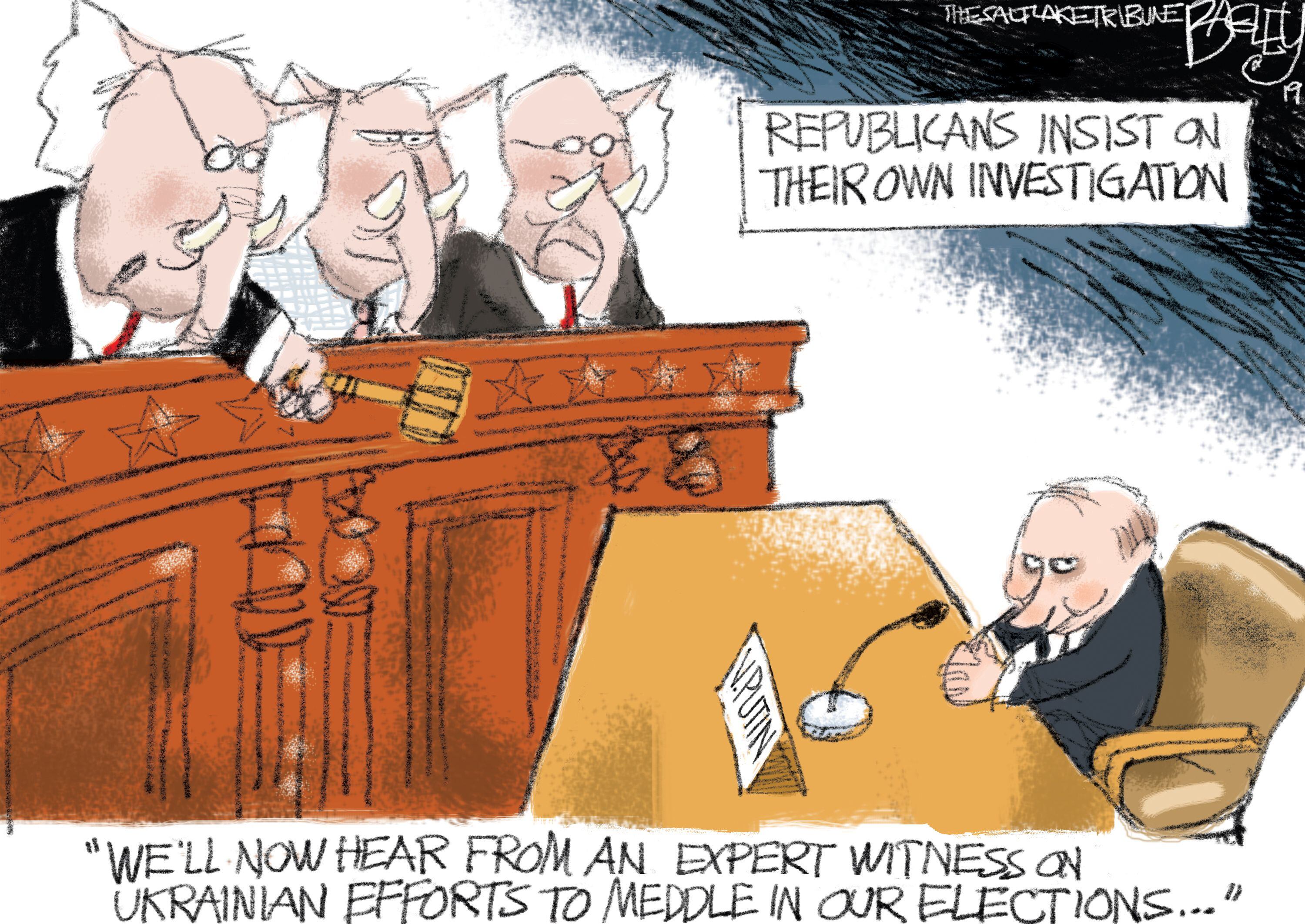 (Pat Bagley | The Salt Lake Tribune) This cartoon, titled “Unimpeachable Testimony,” appears in The Salt Lake Tribune on Sunday, Nov. 24, 2019.