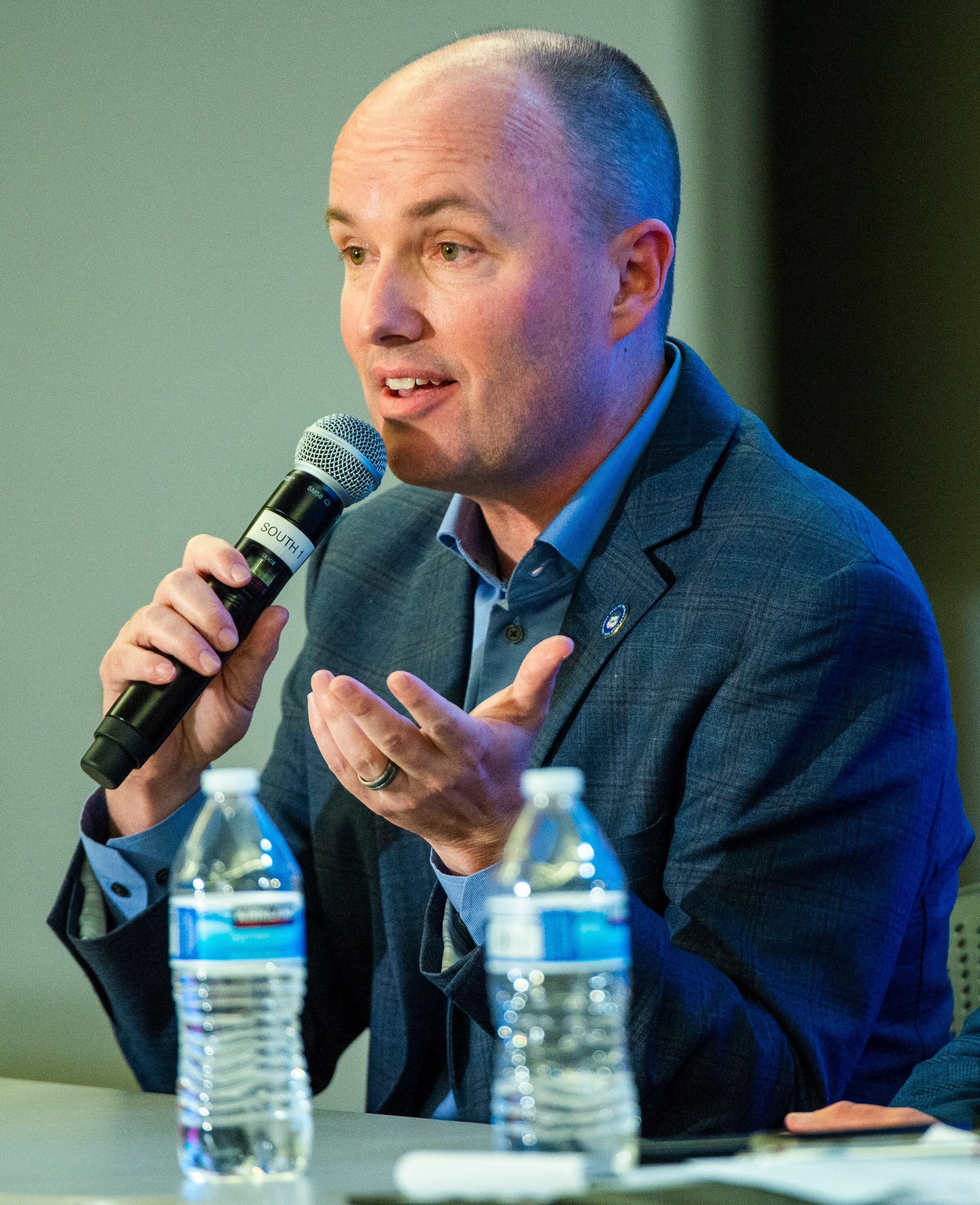 (Rick Egan | The Salt Lake Tribune) Spencer Cox answers a question during a Panel of Gubernatorial Candidates, at the annual Utah Eagle Forum Convention, in Sandy, Saturday, Jan. 11, 2020.