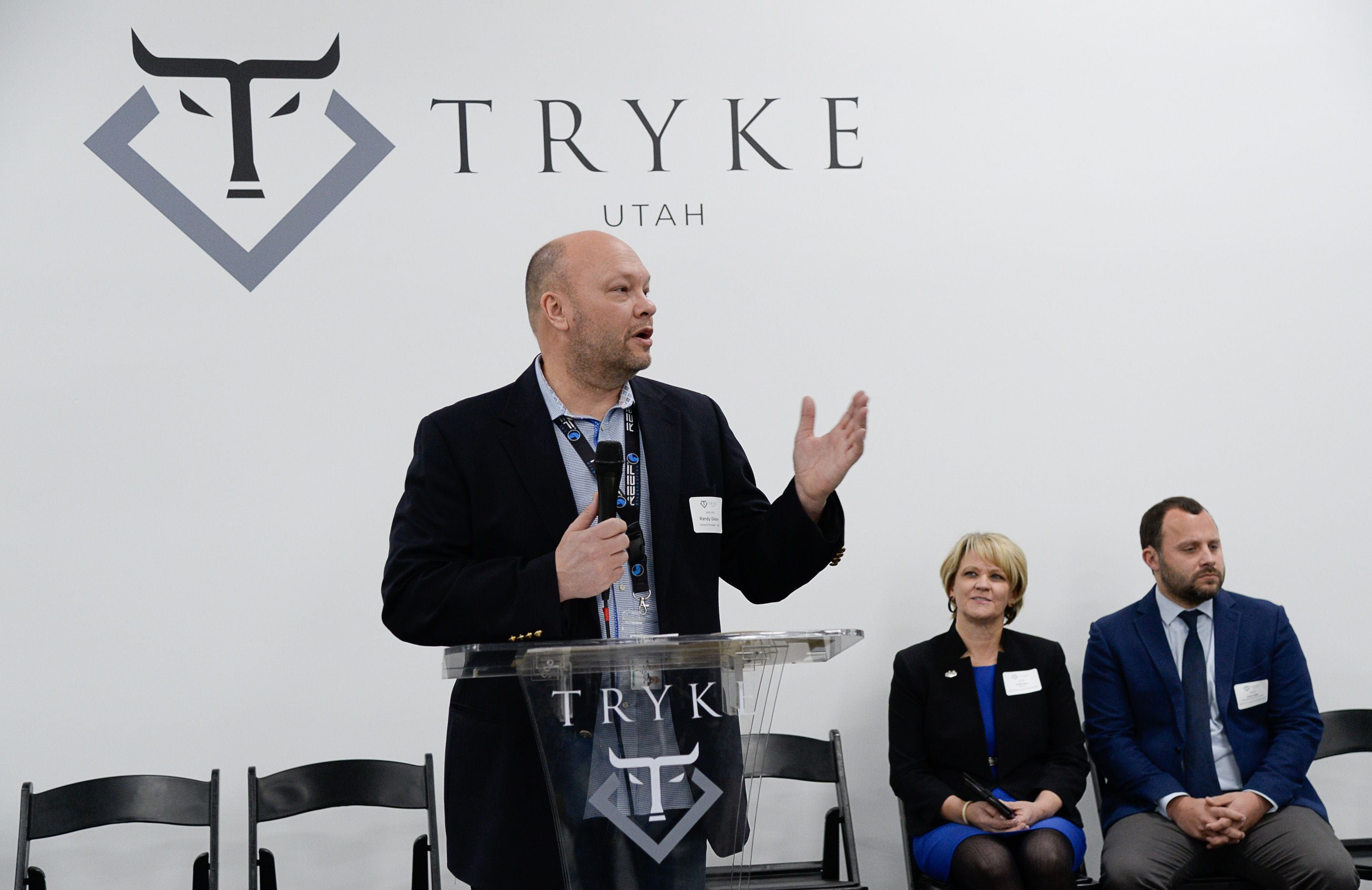 (Francisco Kjolseth | The Salt Lake Tribune) Randy Gleave, center, General Manager at Tryke, a new cannabis cultivator in Tooele County, speaks during the grand opening on Thursday, Jan. 30, 2020. Joined by Tooele City Mayor Debbie Winn and Adrew Rigby with the Department of Agriculture and Food, in background, the farm is one of eight cultivators approved by the state, as they work to produce product available for patients by March as part of Utah's medical cannabis program.