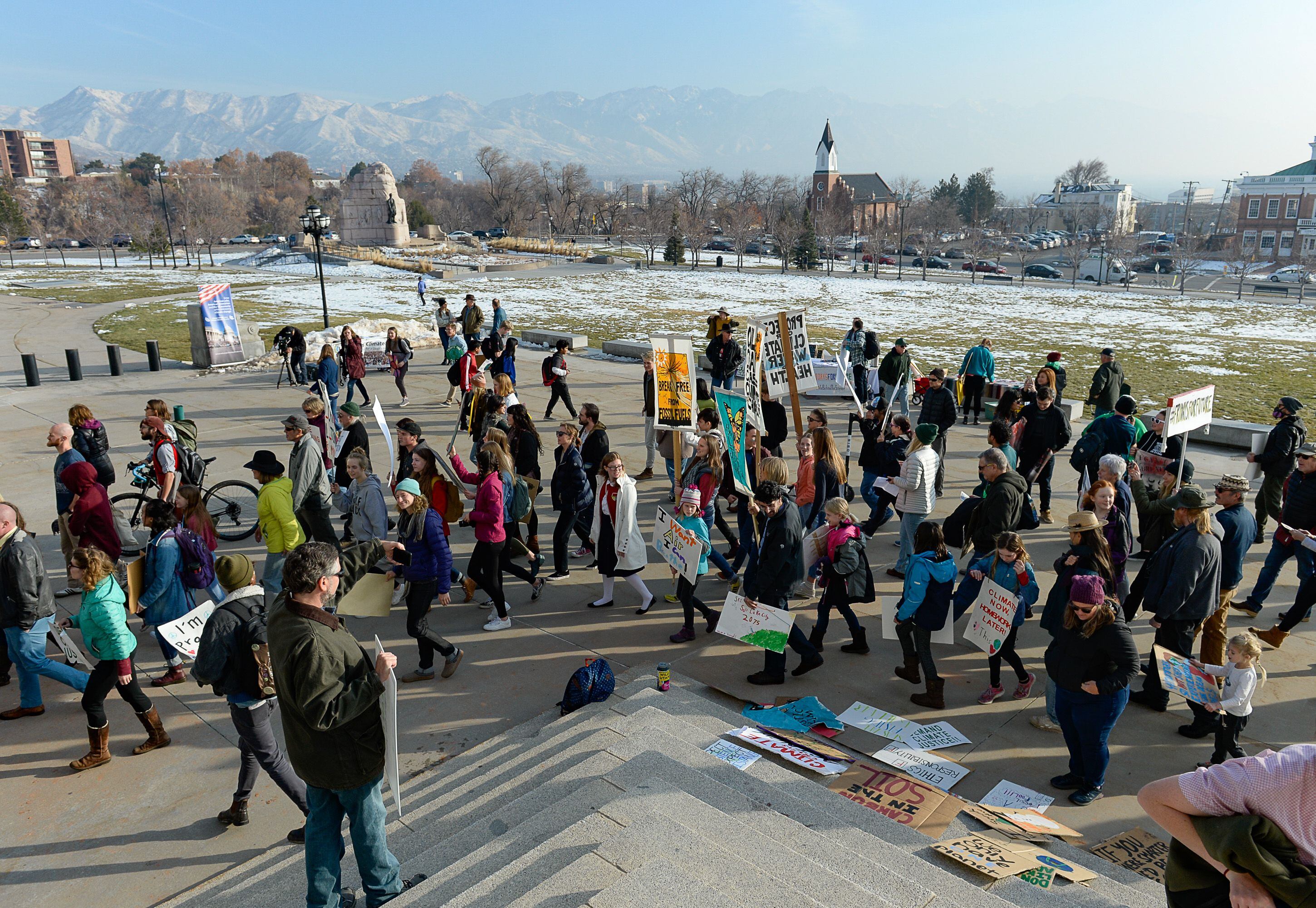 (Francisco Kjolseth | The Salt Lake Tribune) Fridays For Future, Utah Youth Environmental Solutions, and partners strike in opposition to UtahÕs final oil and gas lease sale of 2019 that will auction off public lands and further fossil fuel development during a rally on the steps of the Utah Capitol on Friday, Dec. 6, 2019, that then moved inside landing outside of Gov. Gary Herbert's office with loud chants.