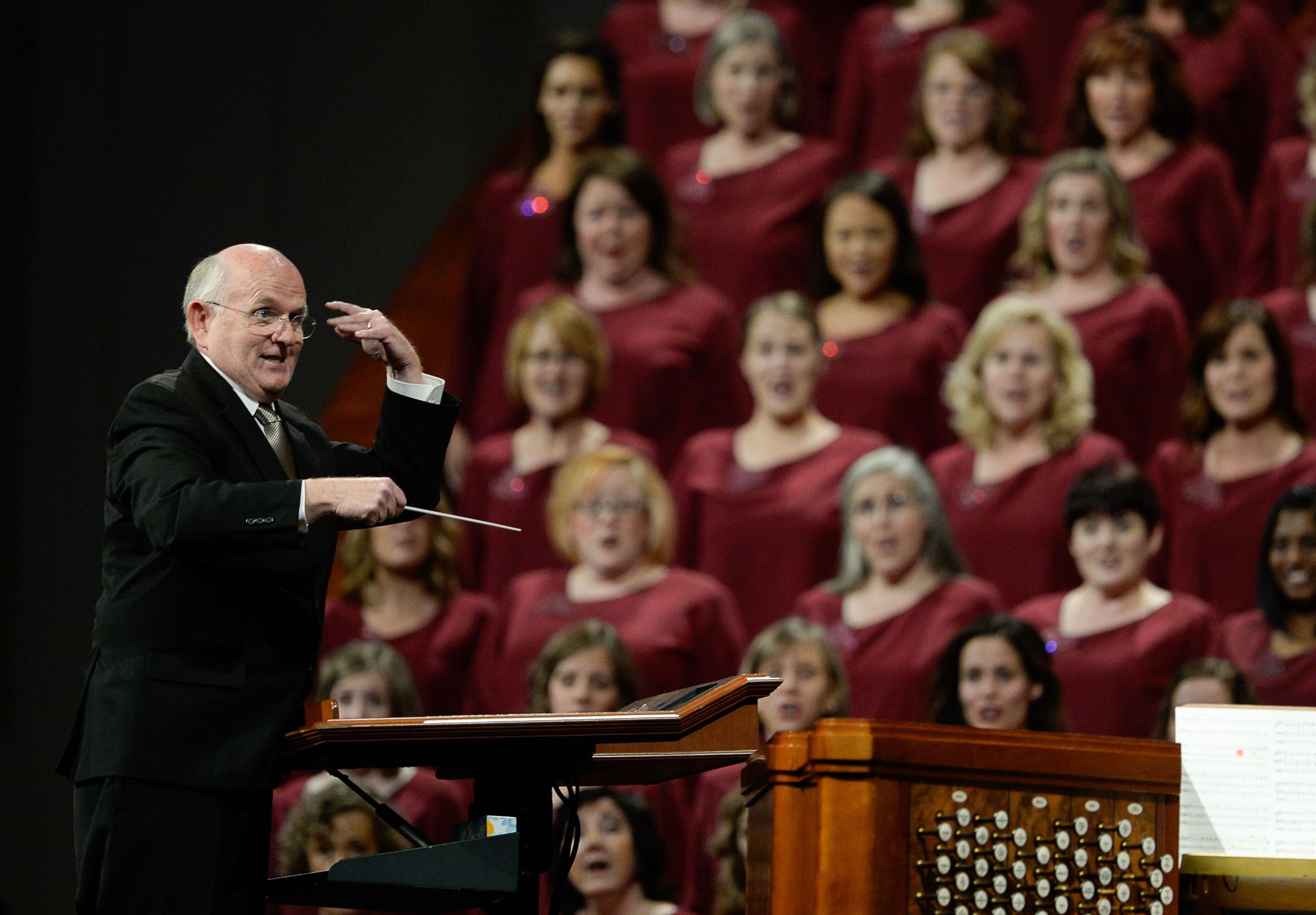 (Francisco Kjolseth | The Salt Lake Tribune) Mack Wilberg conducts the Tabernacle Choir at Temple Square concluding the morning session during the Church of Jesus Christ of Latter-day Saints' twice-annual church conference Sunday, Oct. 6, 2019, in Salt Lake City.