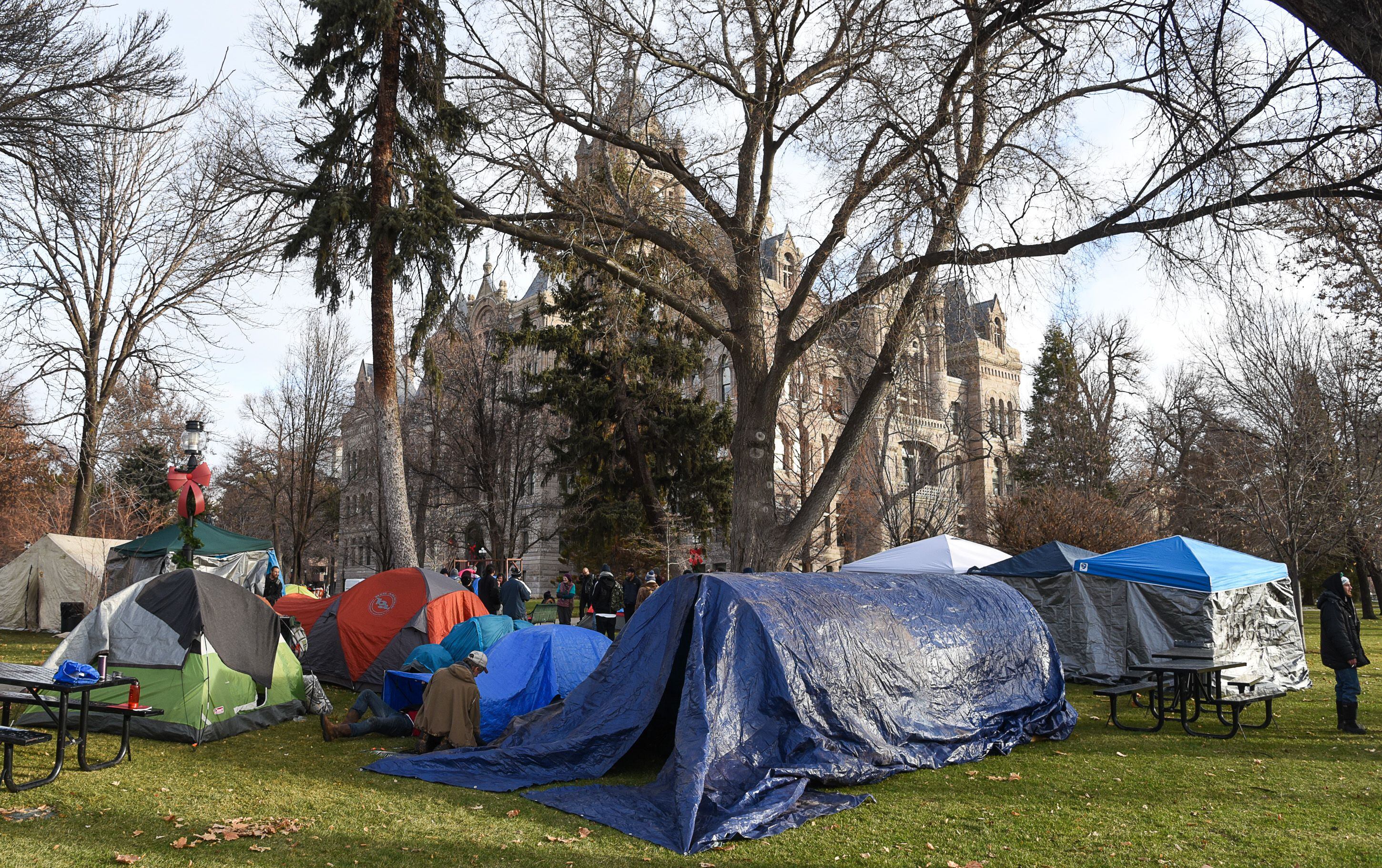 (Francisco Kjolseth | The Salt Lake Tribune) The Take Shelter Coalition, consisting of several community action groups erects shelters on Friday, Jan. 3, 2020, at Salt Lake City Hall to show support of the homeless and to demand shelter and dignity for those who have been living on the streets.