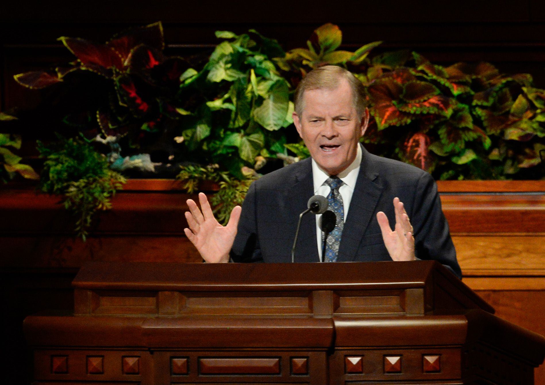 (Francisco Kjolseth | The Salt Lake Tribune) Gary E. Stevenson of the Quorum of the Twelve Apostles speaks during the morning session of the 189th twice-annual General Conference of The Church of Jesus Christ of Latter-day Saints at the Conference Center in Salt Lake City on Sunday, Oct. 6, 2019.