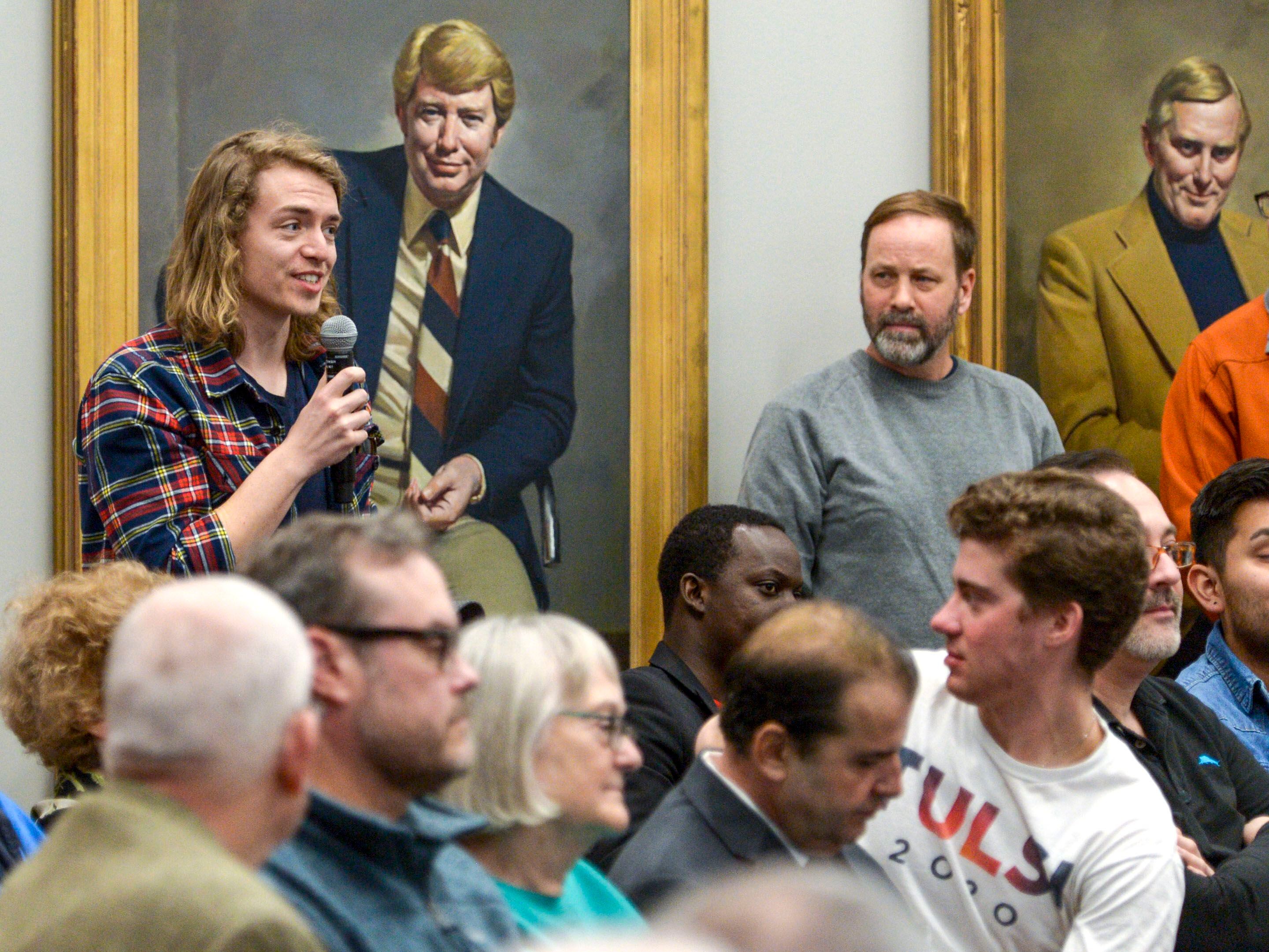 (Leah Hogsten | The Salt Lake Tribune) University of Utah mathematics graduate student Cody Fitzgerald poses a question to Tulsi Gabbard, U.S. Representative for Hawaii' and Democratic presidential candidate, who delivered her stump speech at a "meet the candidate" event at the University of Utah's Hinckley Institute of Politics, Feb. 21, 2020.