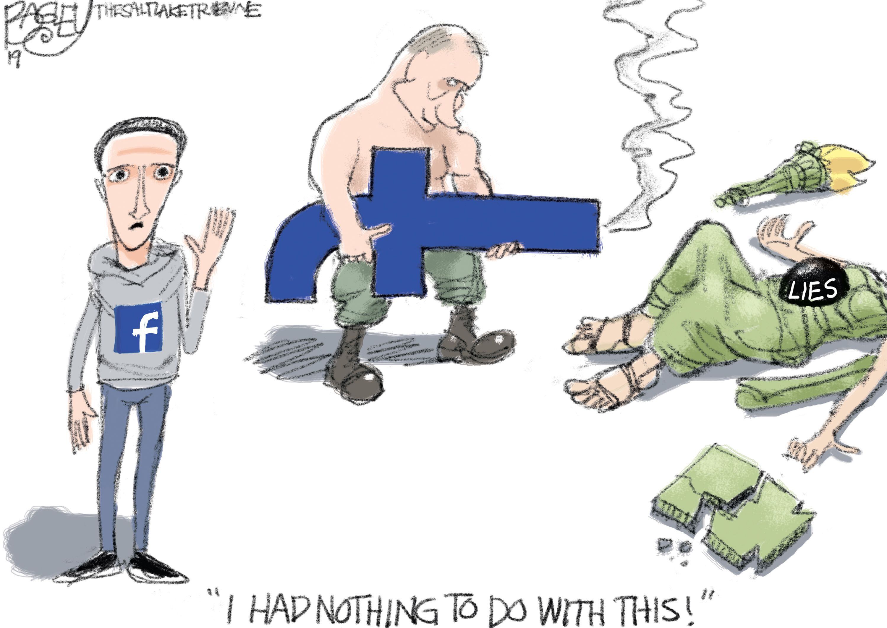 (Pat Bagley | The Salt Lake Tribune) This cartoon, titled "Facebook Fatality," appears in The Salt Lake Tribune on Tuesday, Dec. 3, 2019.