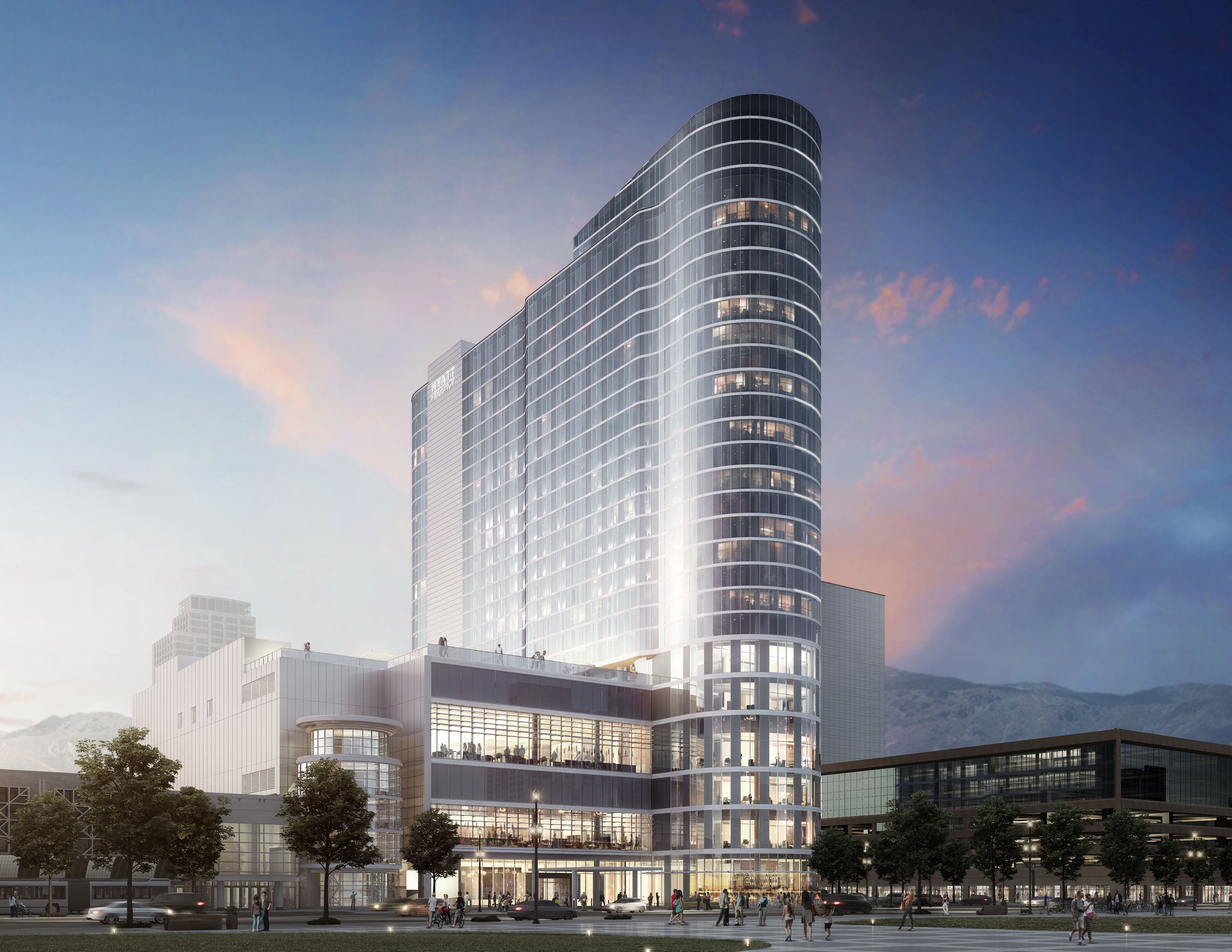 (Renderings courtesy of Portman Architects) Rendition of the new convention center hotel to be built at the northwest corner of 200 South and West Temple in Salt Lake City, adjacent to the Salt Palace Convention Center. The 26-story hotel, to be called Hyatt Regency Salt Lake City, will have 700 rooms and 60,000 square feet of meeting space and will be built into the existing Salt Palace for "seamless access."