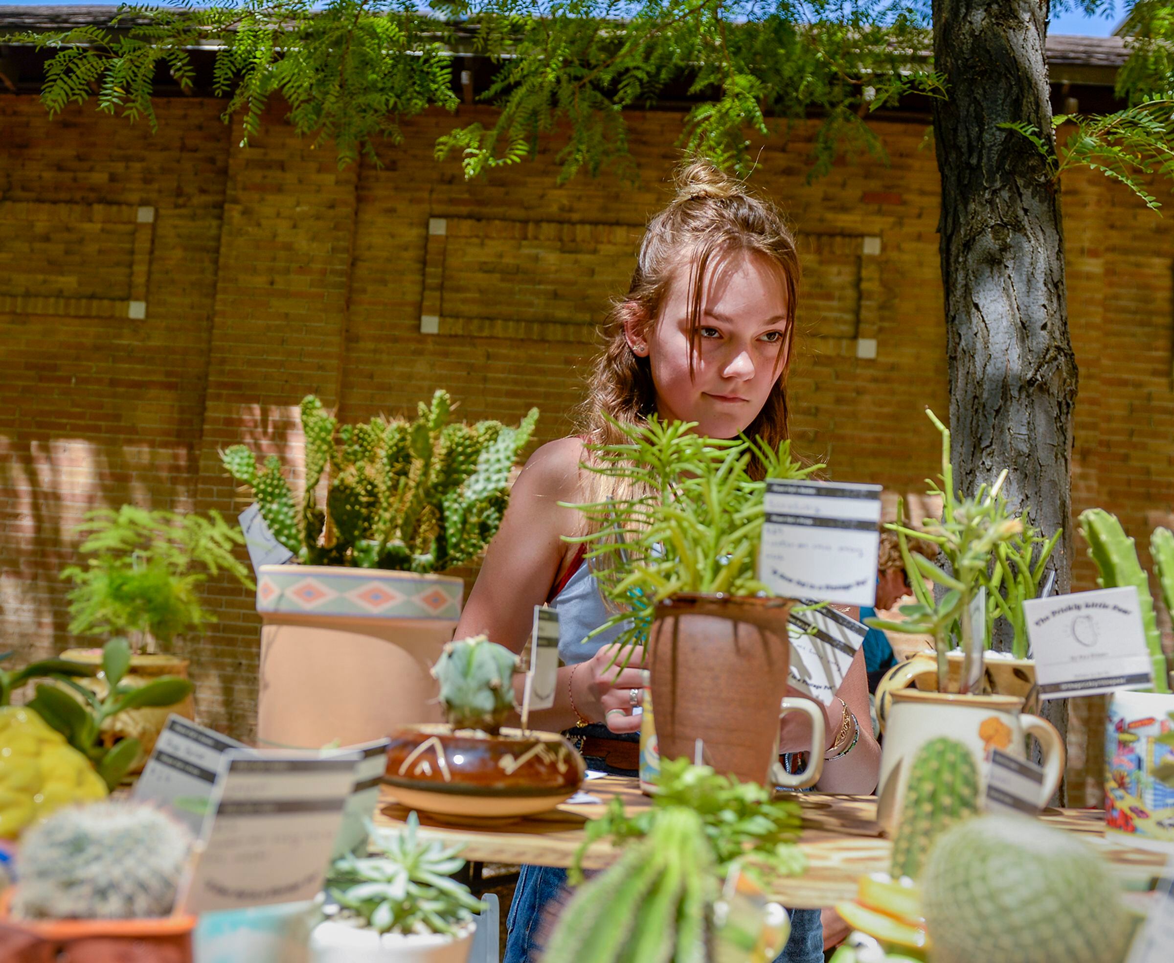 (Leah Hogsten | The Salt Lake Tribune) Ava Brown, 13, from Holladay, sells cactuses and other succulent plants, repotted in vintage ceramic containers during Craft Lake CityÕs DIY FestivalÕs Kid Row, where children 14 and under make and sell their products. Craft Lake CityÕs DIY Festival is UtahÕs largest local, three day arts festival with over 300 artisans, DIY engineers, vintage vendors and craft food creators.