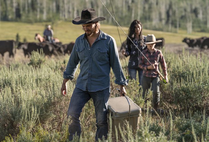 (Photo courtesy of the Paramount Network) Luke Grimes as Kayce Dutton, Brecken Merrill as Tate Dutton and Kelsey Asbille as Monica Dutton in “Yellowstone.”