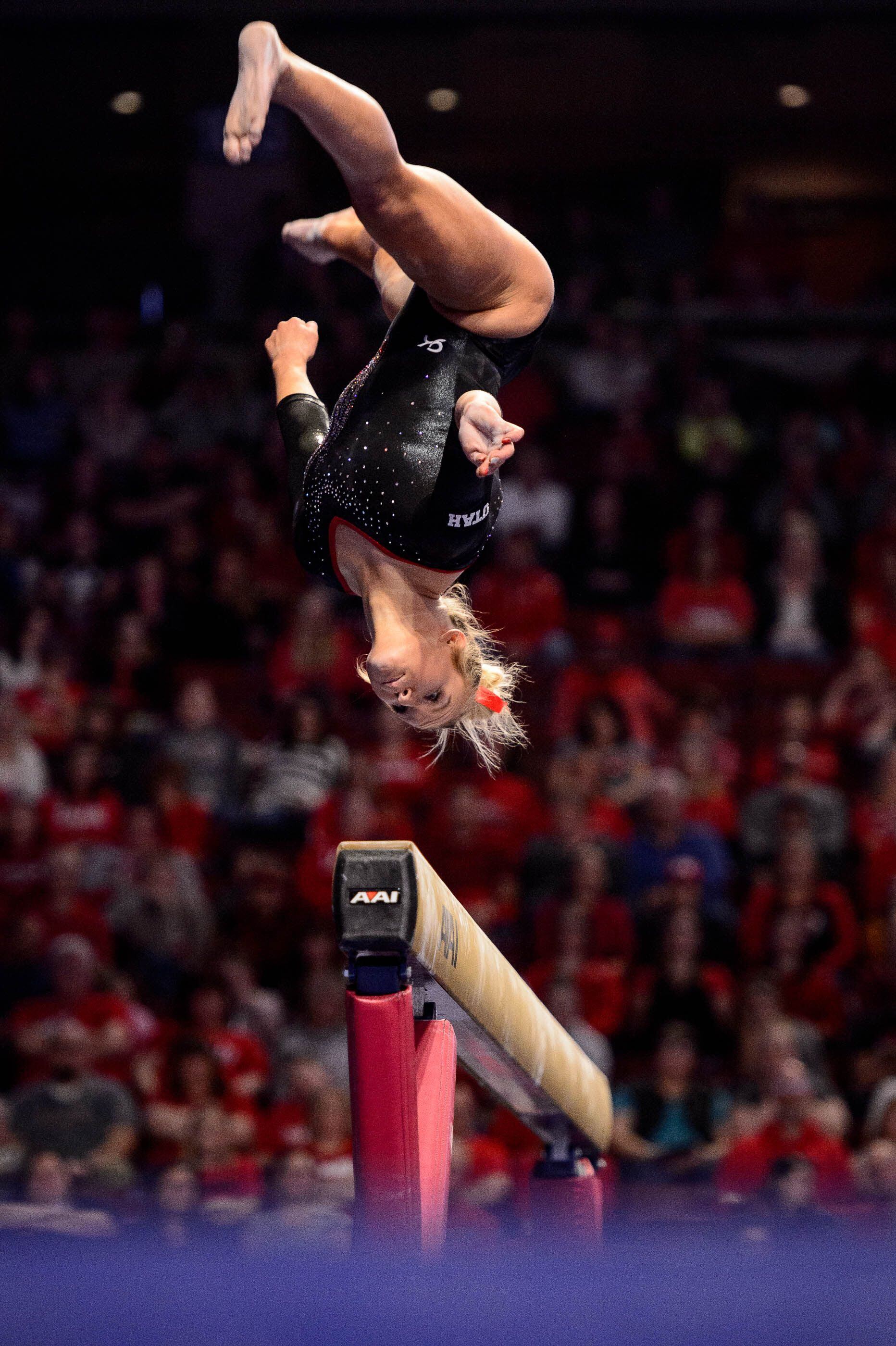 (Trent Nelson | The Salt Lake Tribune) Utah's Abby Paulson on the beam at the Best of Utah NCAA Gymnastics Meet in West Valley City on Saturday, Jan. 11, 2020.