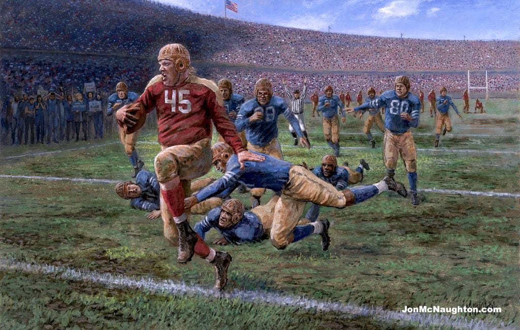 Provocative Provo artist's latest pro-Trump painting portrays the president  triumphant on a football field