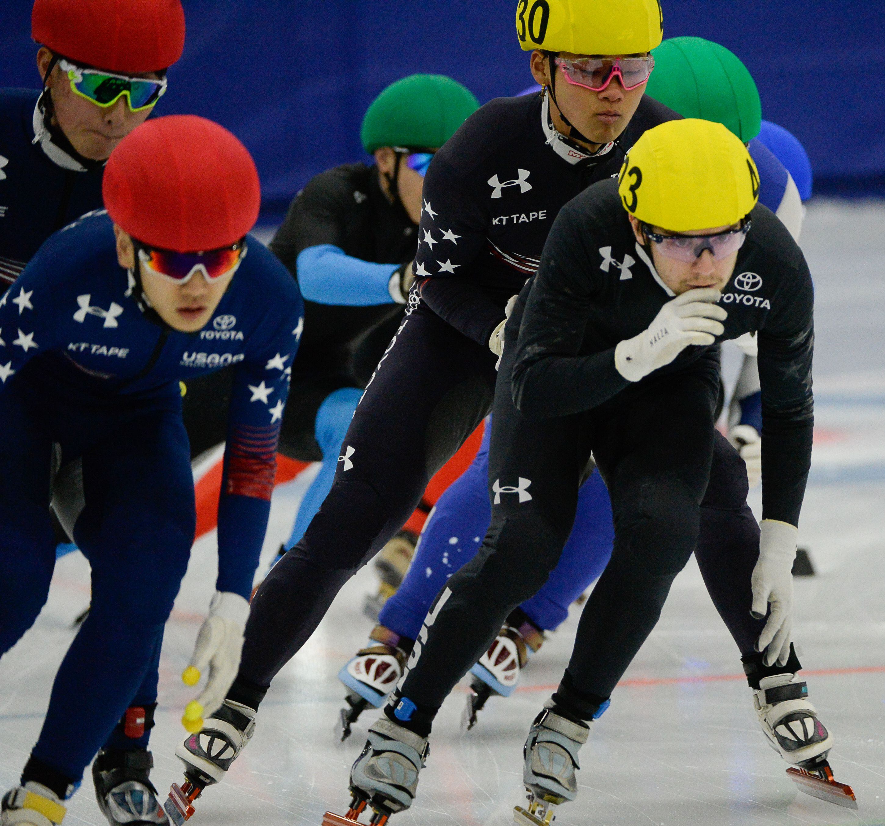 (Francisco Kjolseth | The Salt Lake Tribune) Ryan Pivirotto, right, competes in the 2000 meter mixed semifinal relay race as part of the U.S. Short Track Speedskating championships on Friday, Jan. 3, 2020, at the Utah Olympic Oval in Kearns.