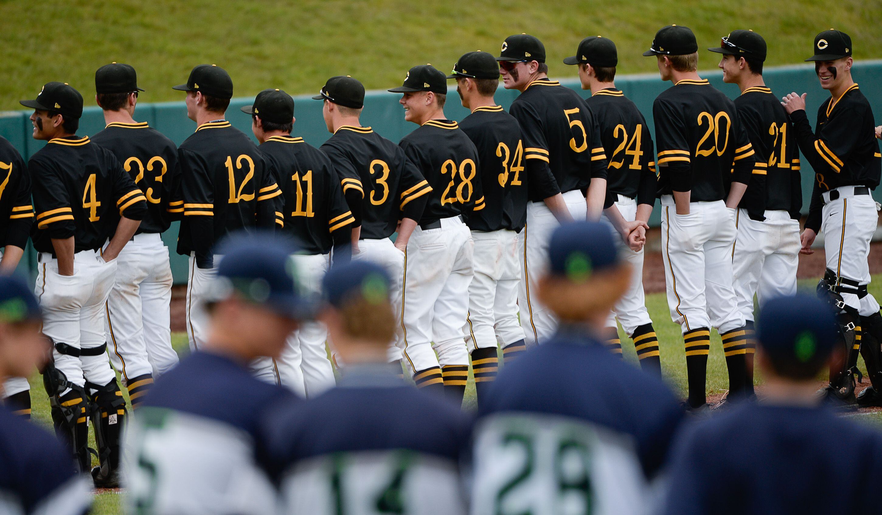 (Francisco Kjolseth | The Salt Lake Tribune) Cottonwood, top, gets ready to take on Timpanogos in the 5A baseball championship game at UCCU Stadium on the UVU campus in Orem, Friday, May 24, 2019. Cottonwood won 6-5.