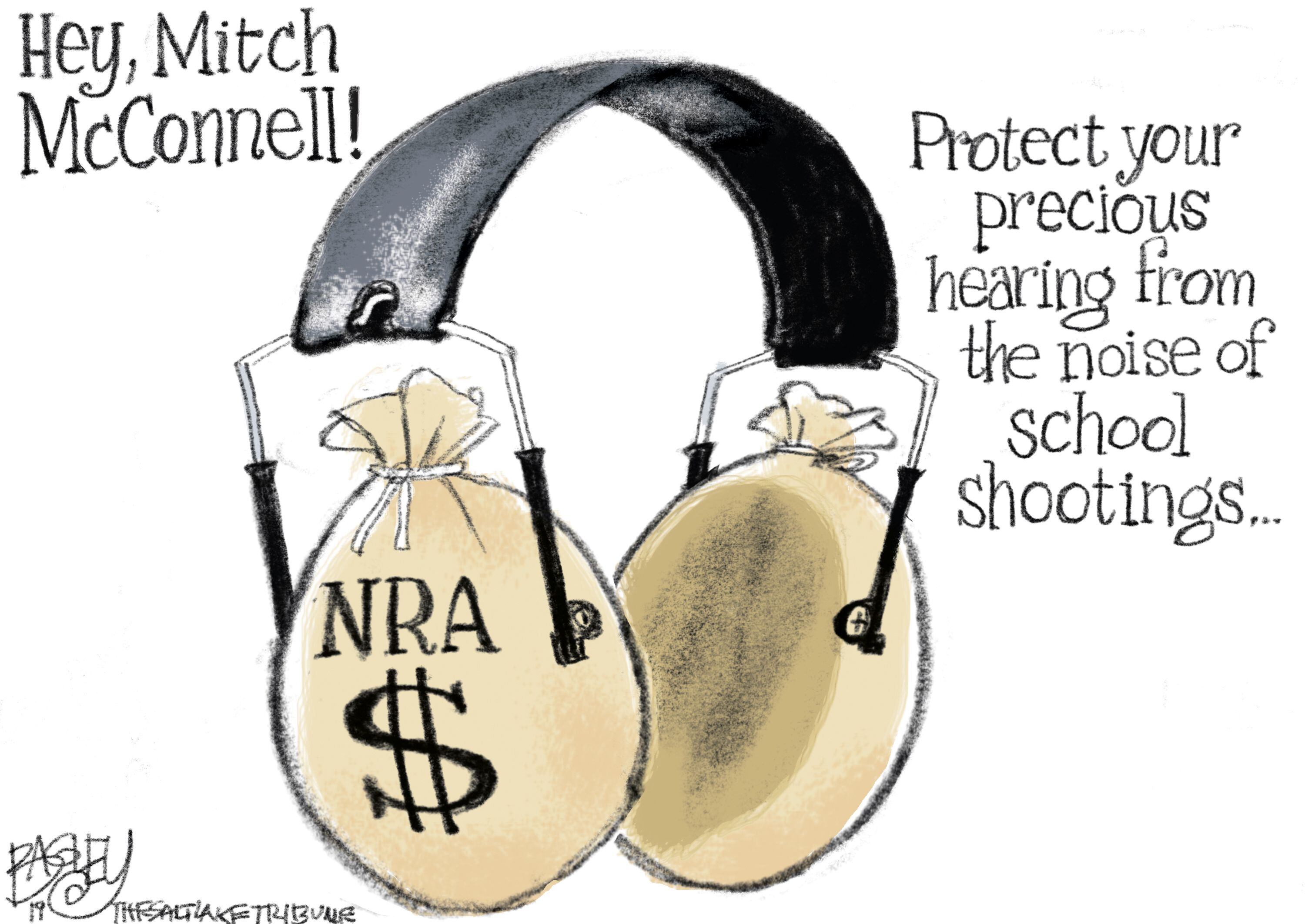 (Pat Bagley | The Salt Lake Tribune) This cartoon, titled "Shooting Silencer," appears in The Salt Lake Tribune on Sunday, Nov. 17, 2019.