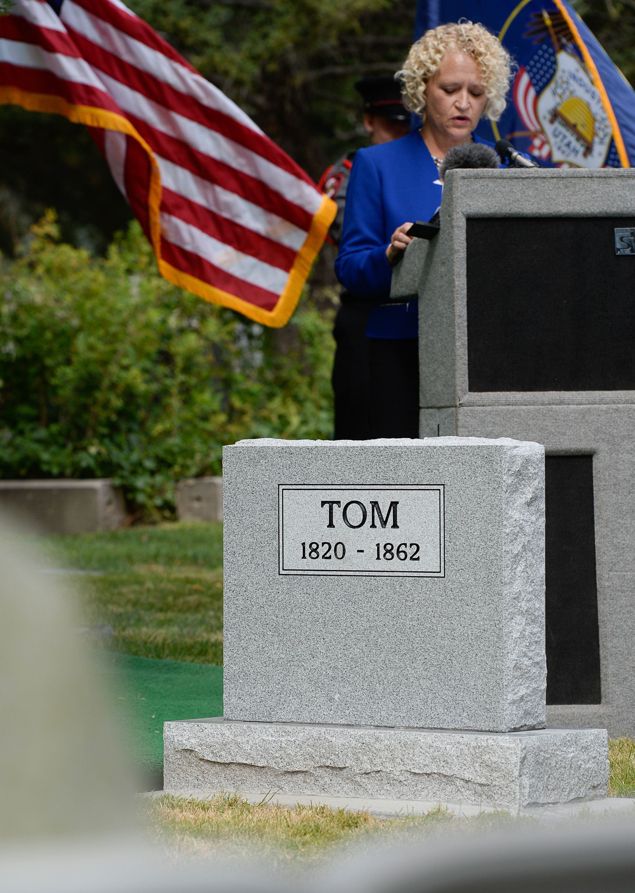 (Francisco Kjolseth | The Salt Lake Tribune) Mayor Jackie Biskupski recognizes "Tom," an enslaved Black pioneer who was acquired by the second mayor of Salt Lake City, Abraham Smoot, during a dedication of his grave marker at the Salt Lake City cemetery In conjunction with the 400th anniversary of the arrival of African slaves in the United States. The placement and dedication of the marker on Thursday, Aug. 22, 2019, is the result of research initially conducted by Mark Smith, the former sexton of the Cemetery.