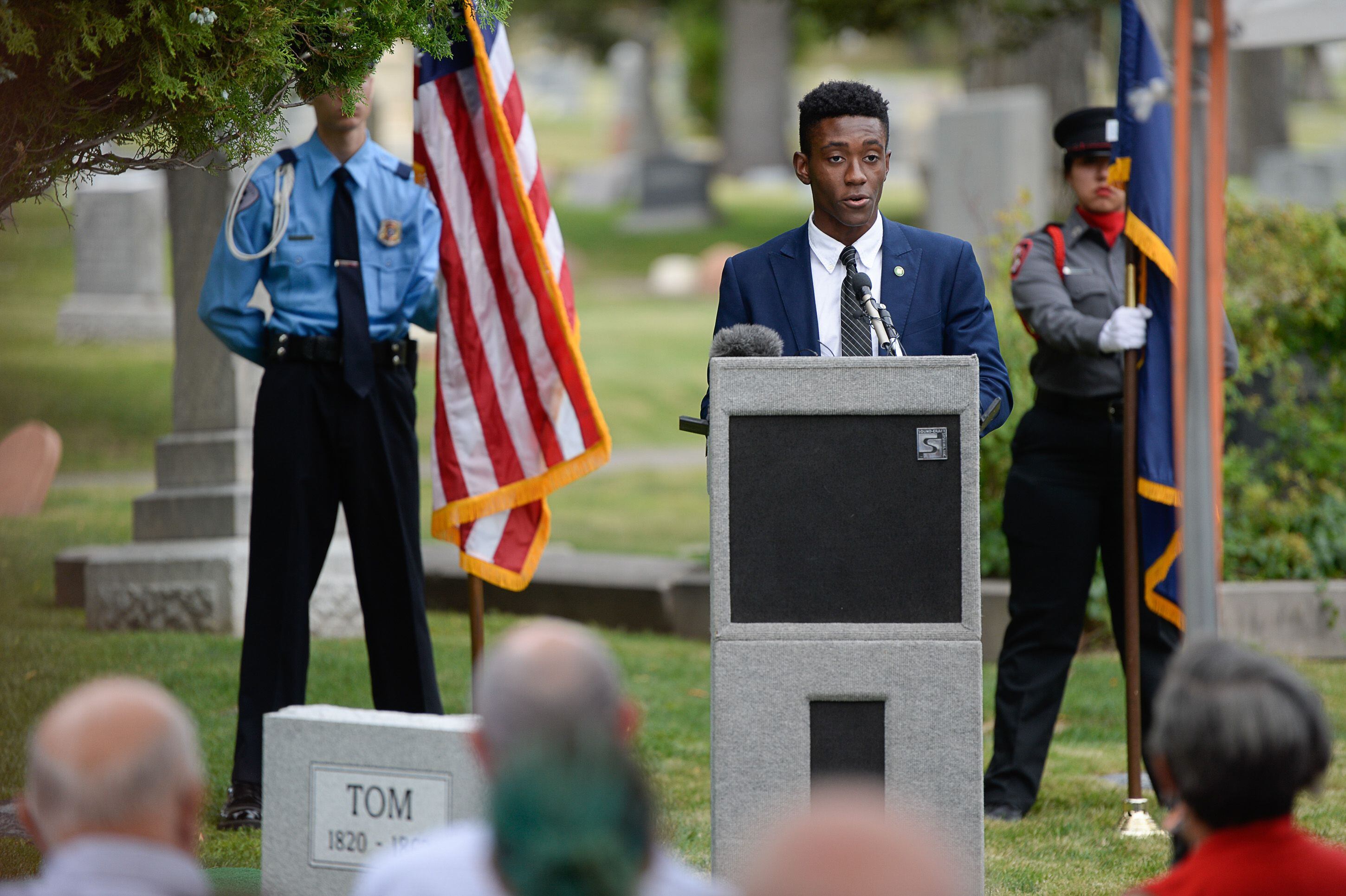 (Francisco Kjolseth | The Salt Lake Tribune) Ephraim Kum, reflects on the occasion in conjunction with the 400th anniversary of the arrival of African slaves in the United States, as he joins the dedication of the first grave marker for Tom, an enslaved Black pioneer who was buried in the Salt Lake City Cemetery in 1862.