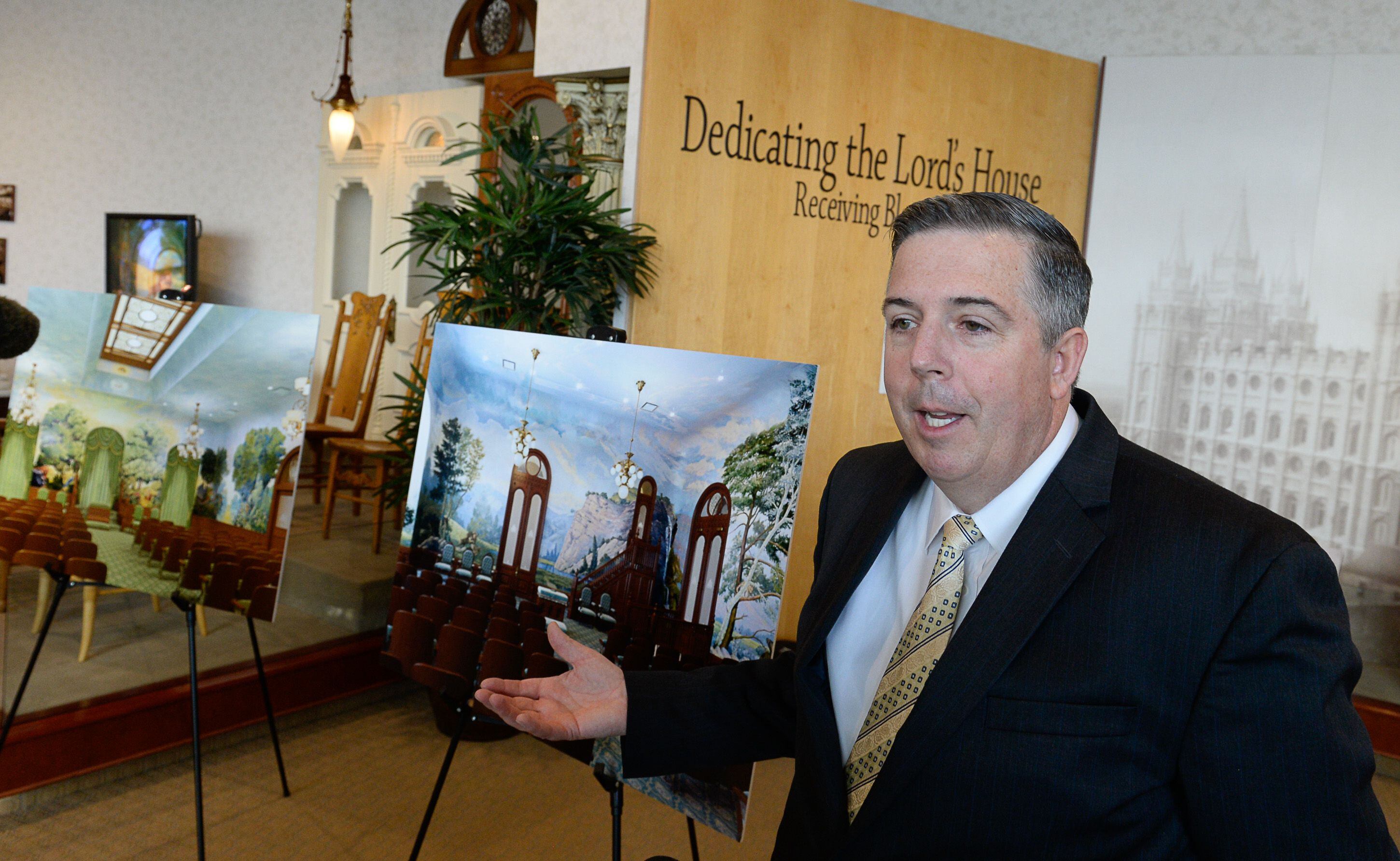 (Francisco Kjolseth | The Salt Lake Tribune) Andy Kirby, director, historic temple renovations in the special projects department, joins other representatives from The Church of Jesus Christ of Latter-day Saints by giving insights into plans for extensive temple renovations set to close the temple Dec. 29, 2019, through 2024. Parts of the Temple Square Plaza are also set to be renovated. At left are renderings of the garden room and world room.