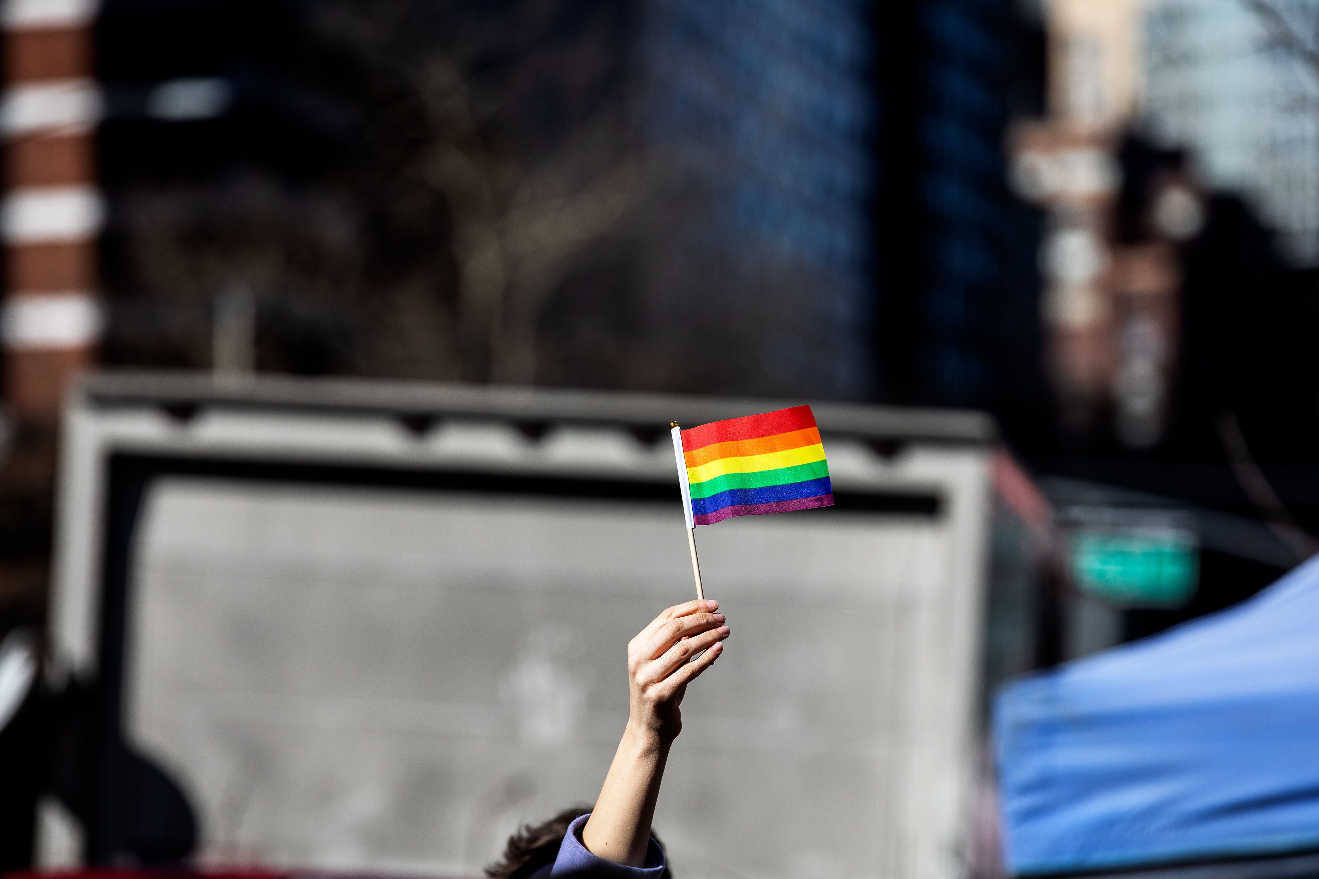 (Demetrius Freeman | for The Salt Lake Tribune) Current and former members of the Church of Jesus Christ of Latter-day Saints, the LGBTQ+ community, and supporters gather at Lincoln square across from the Mormon temple in Manhattan, New York, on March 7, 2020, to stand in solidarity with LGBTQ+ students who attending Brigham Young University. Brigham Young University reinstated homophobic policies in their student handbook that prohibit Òhomosexual behavior.Ó