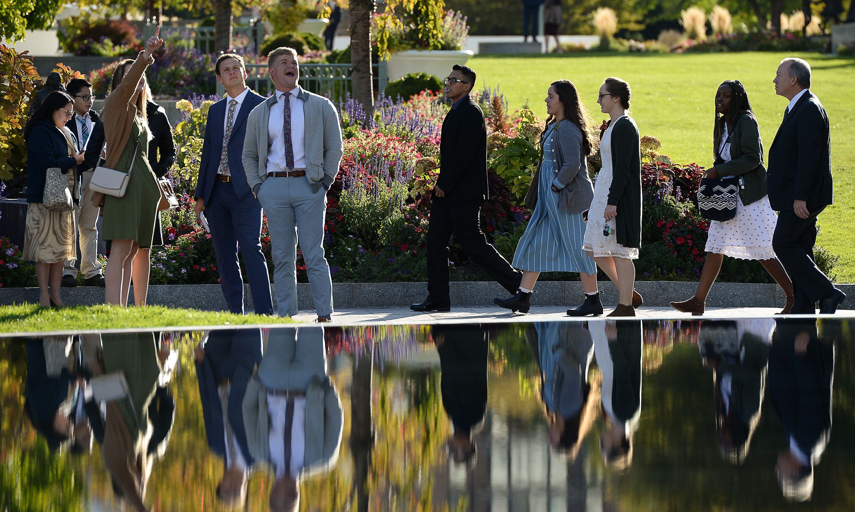 (Francisco Kjolseth | The Salt Lake Tribune) People arrive for the Sunday session of the 189th twice-annual General Conference of The Church of Jesus Christ of Latter-day Saints at the Conference Center in Salt Lake City on Sunday, Oct. 6, 2019.