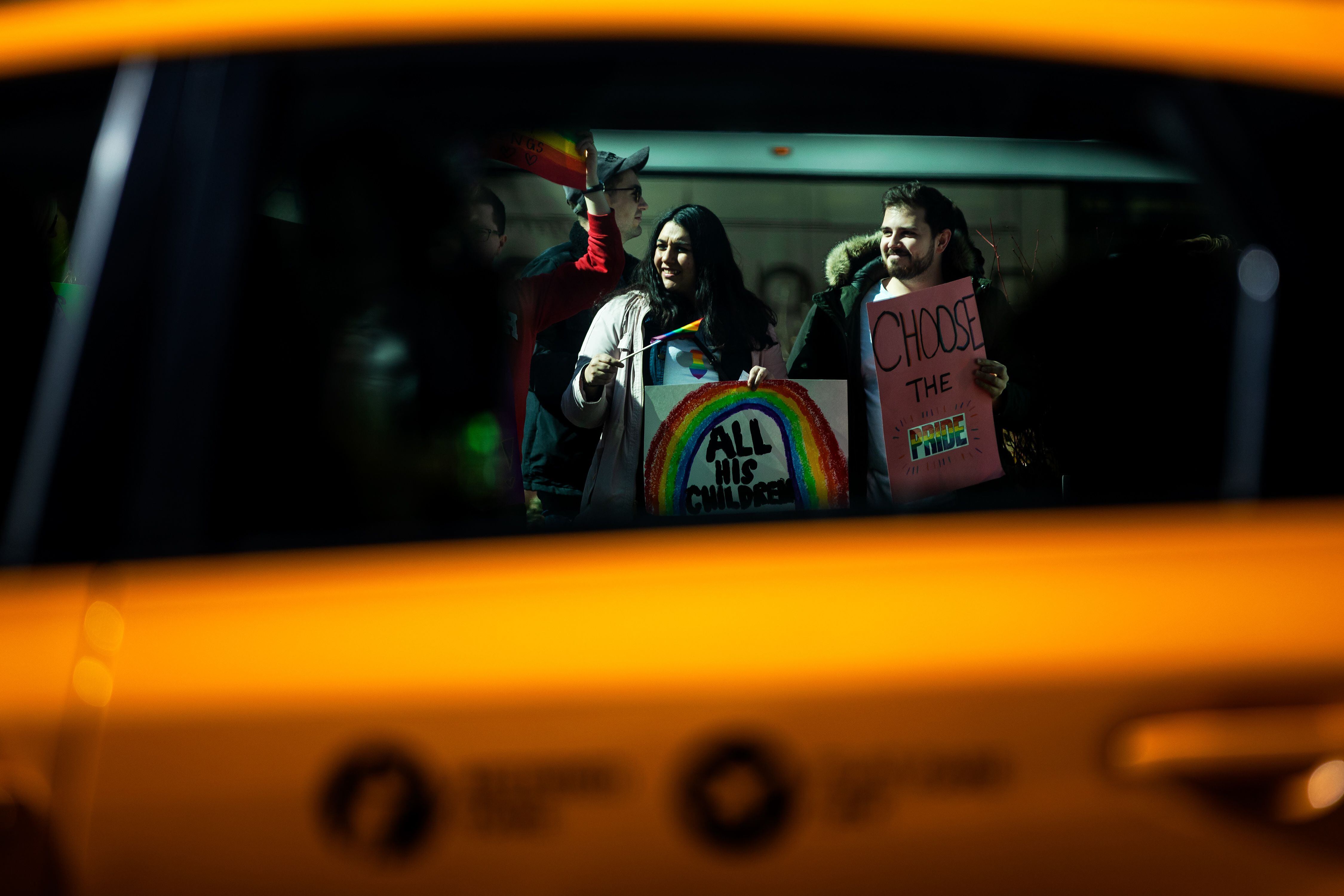 (Demetrius Freeman | for The Salt Lake Tribune) Current and former members of the Church of Jesus Christ of Latter-day Saints, the LGBTQ+ community, and supporters gather at Lincoln square across from the Mormon temple in Manhattan, New York, on March 7, 2020, to stand in solidarity with LGBTQ+ students who attending Brigham Young University. Brigham Young University reinstated homophobic policies in their student handbook that prohibit Òhomosexual behavior.Ó