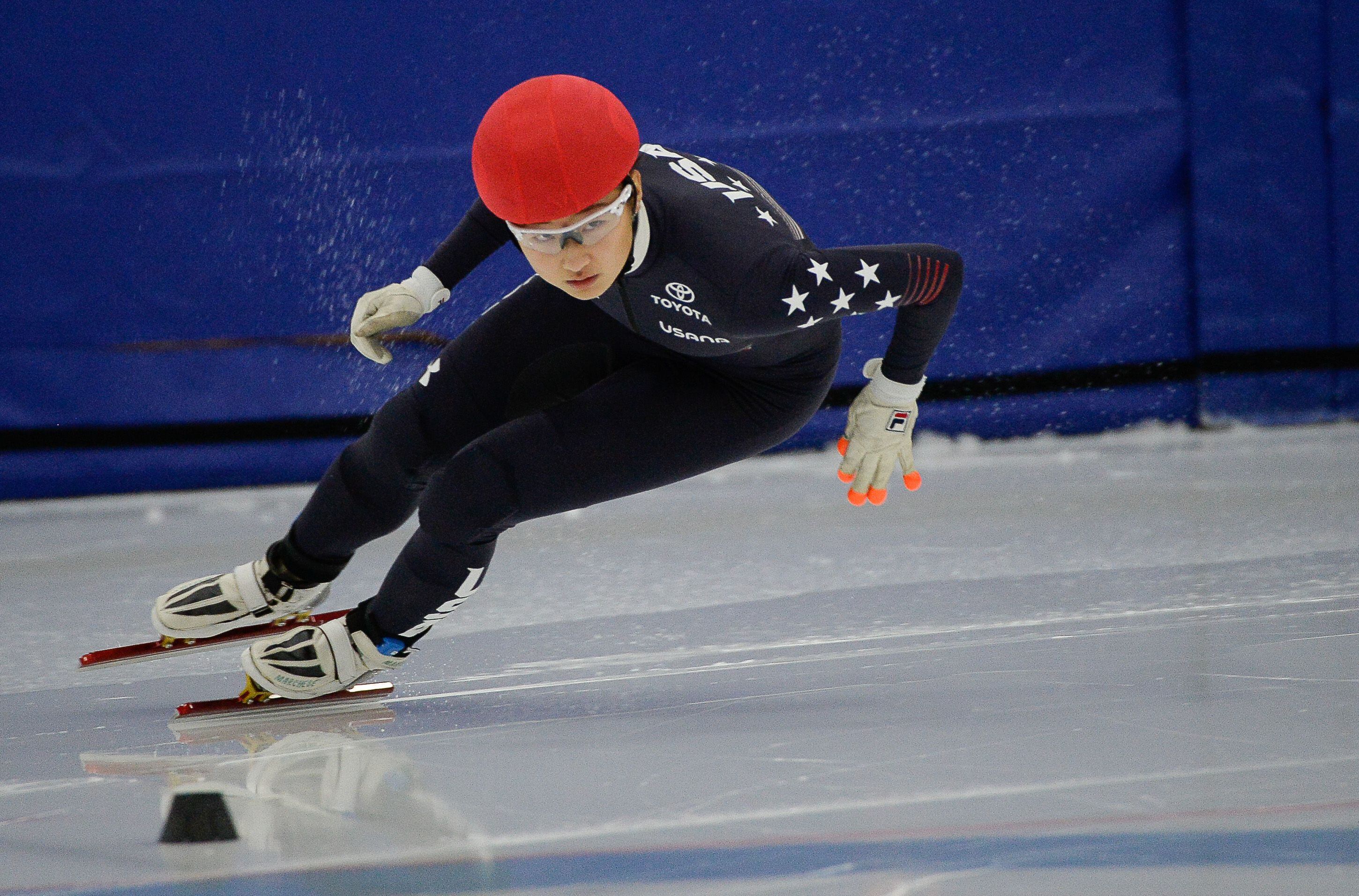 (Francisco Kjolseth | The Salt Lake Tribune) Hailey Choi competes in the 2000 meter mixed semifinal relay race as part of the U.S. Short Track Speedskating championships on Friday, Jan. 3, 2020, at the Utah Olympic Oval in Kearns.