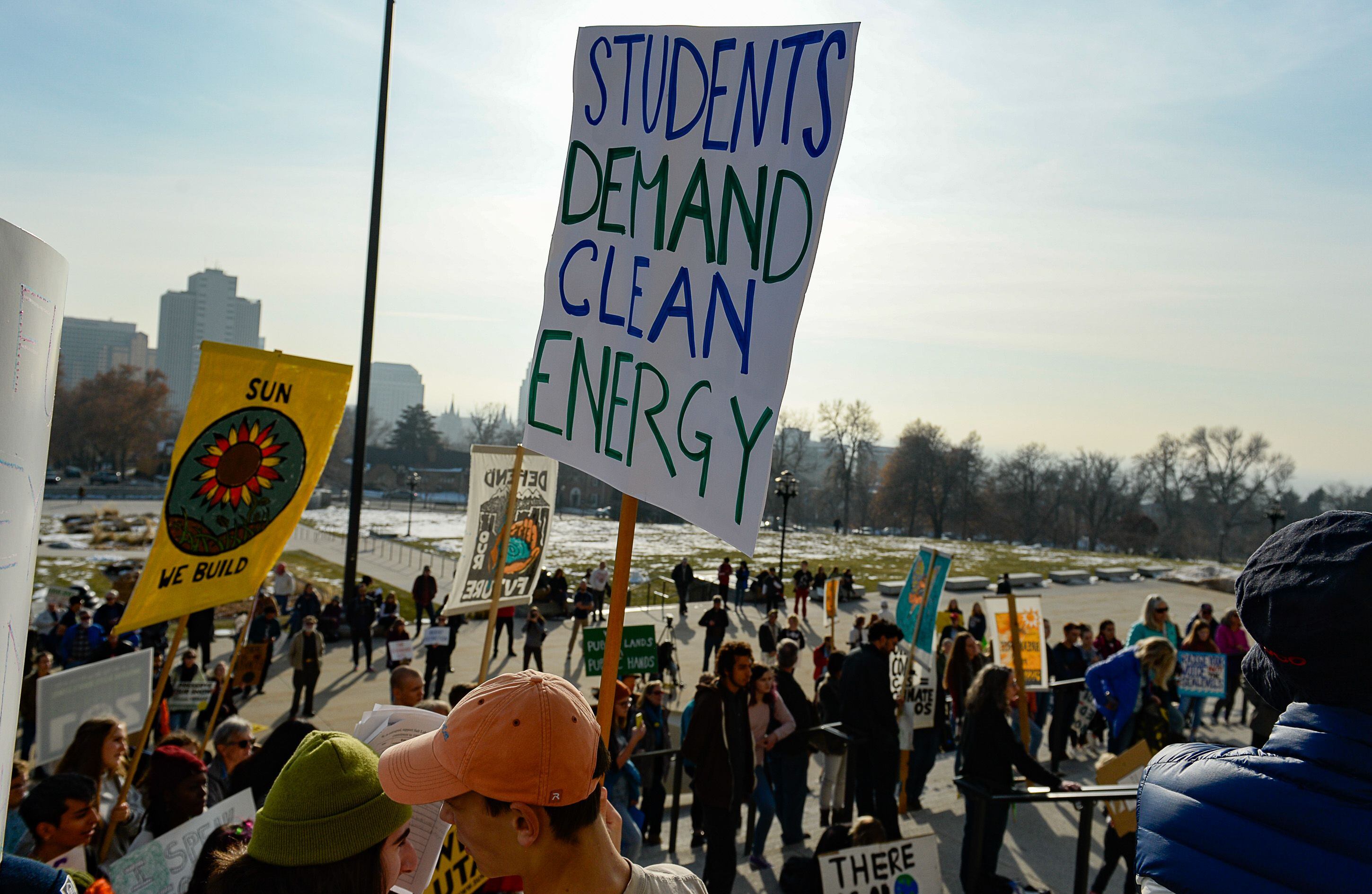 (Francisco Kjolseth | The Salt Lake Tribune) Fridays For Future, Utah Youth Environmental Solutions, and partners strike in opposition to Utah’s final oil and gas lease sale of 2019 that will auction off public lands and further fossil fuel development during a rally on the steps of the Utah Capitol on Friday, Dec. 6, 2019. The group then moved into the Capitol to deliver cards with climate solutions to the office of Gov. Gary Herbert.