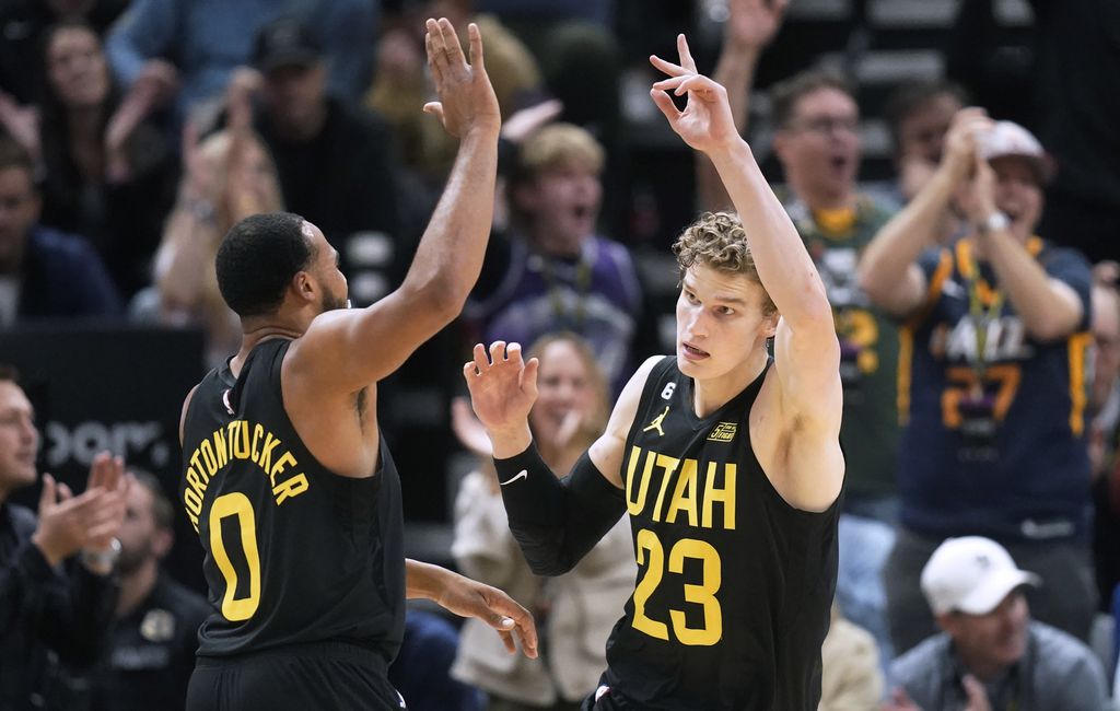Utah Jazz forward Lauri Markkanen (23) brings the ball up court against the  Toronto Raptors during the second half of an NBA basketball game Wednesday,  Feb. 1, 2023, in Salt Lake City. (