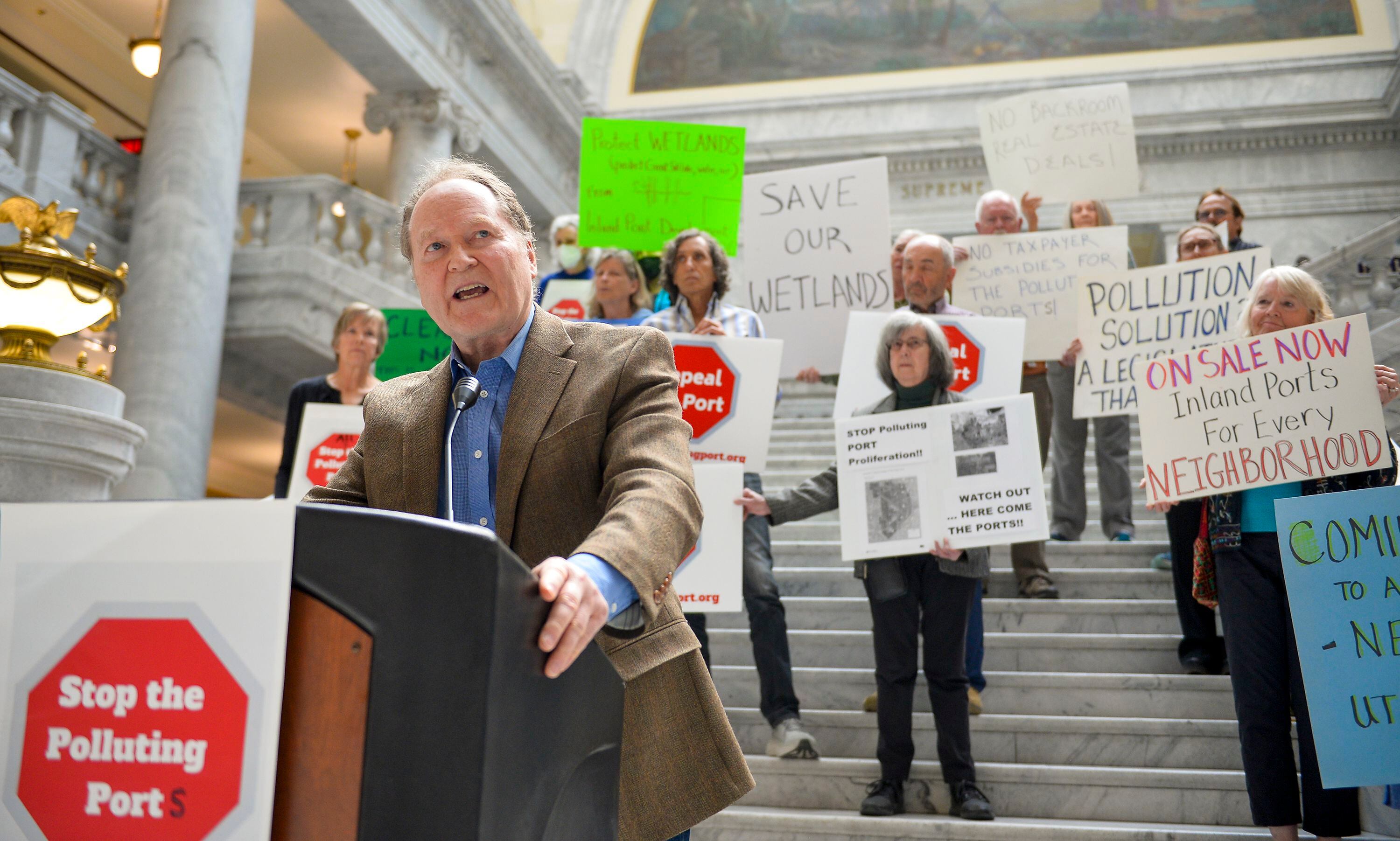 (Chris Samuels | The Salt Lake Tribune) Brian Moench speaks at a rally before a meeting of the Utah Inland Port Authority board at the State Capitol, Thursday, May 11, 2023.