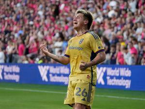 (Jeff Roberson | AP) Real Salt Lake's Diego Luna celebrates after scoring during the first half of an MLS soccer match against St. Louis City Wednesday, June 21, 2023, in St. Louis.