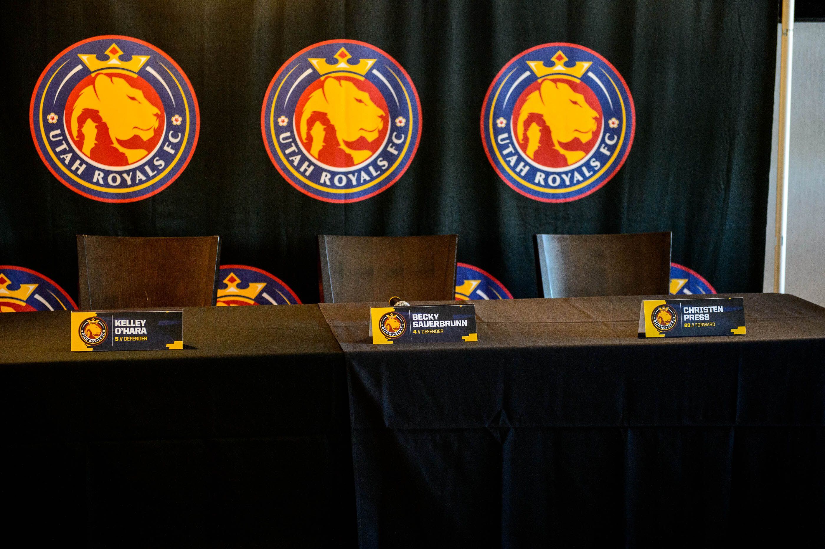 (Trent Nelson | The Salt Lake Tribune) Places were set for three Utah Royals players, Kelley O'Hara, Becky Sauerbrunn, and Christen Press, for a news conference on their World Cup experiences in Sandy on Wednesday July 17, 2019. When the event started, Press did not appear.