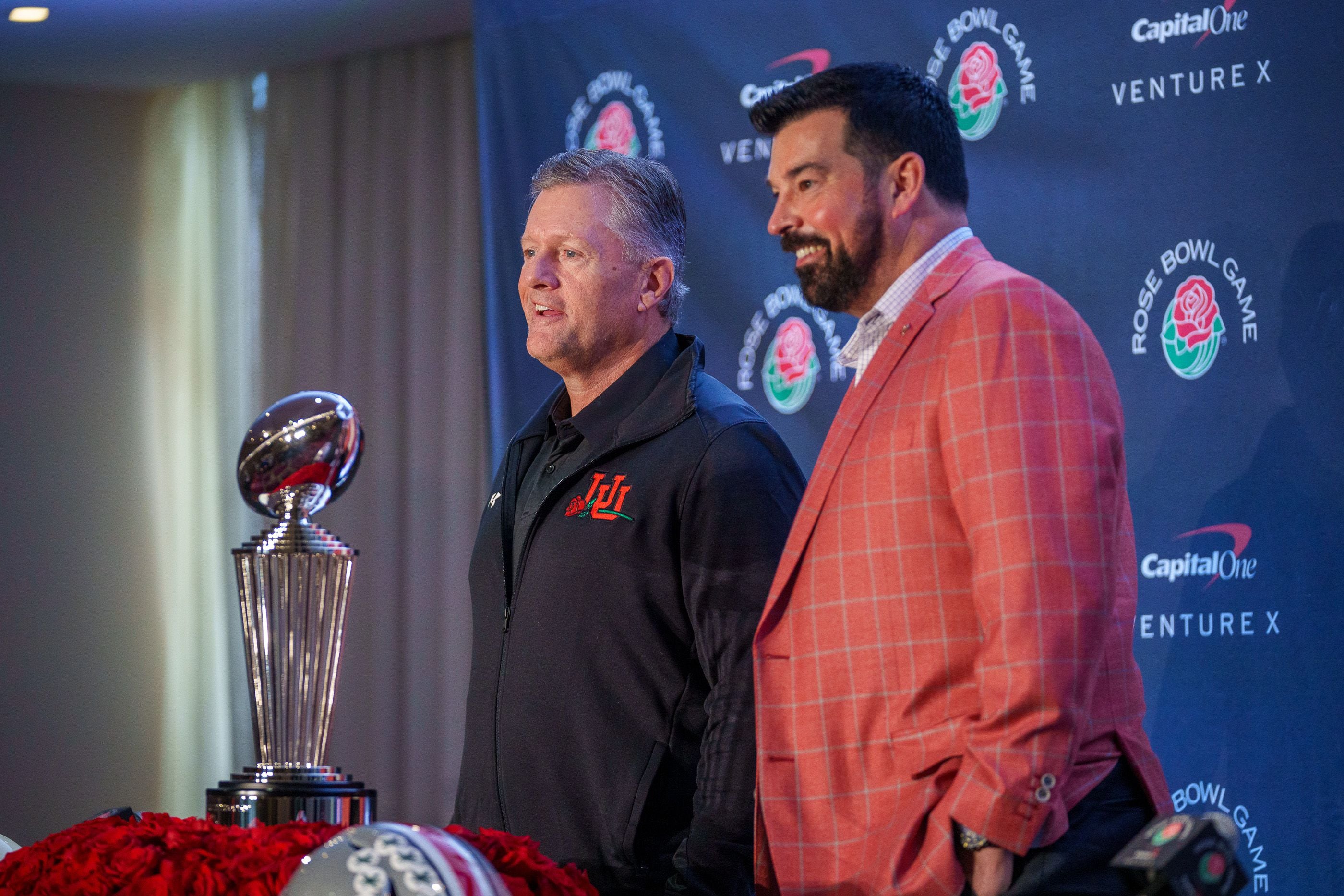 (Trent Nelson | The Salt Lake Tribune) Utah football coach Kyle Whittingham and Ohio State coach Ryan Day at a Rose Bowl news conference in Los Angeles, Calif., on Friday, Dec. 31, 2021.