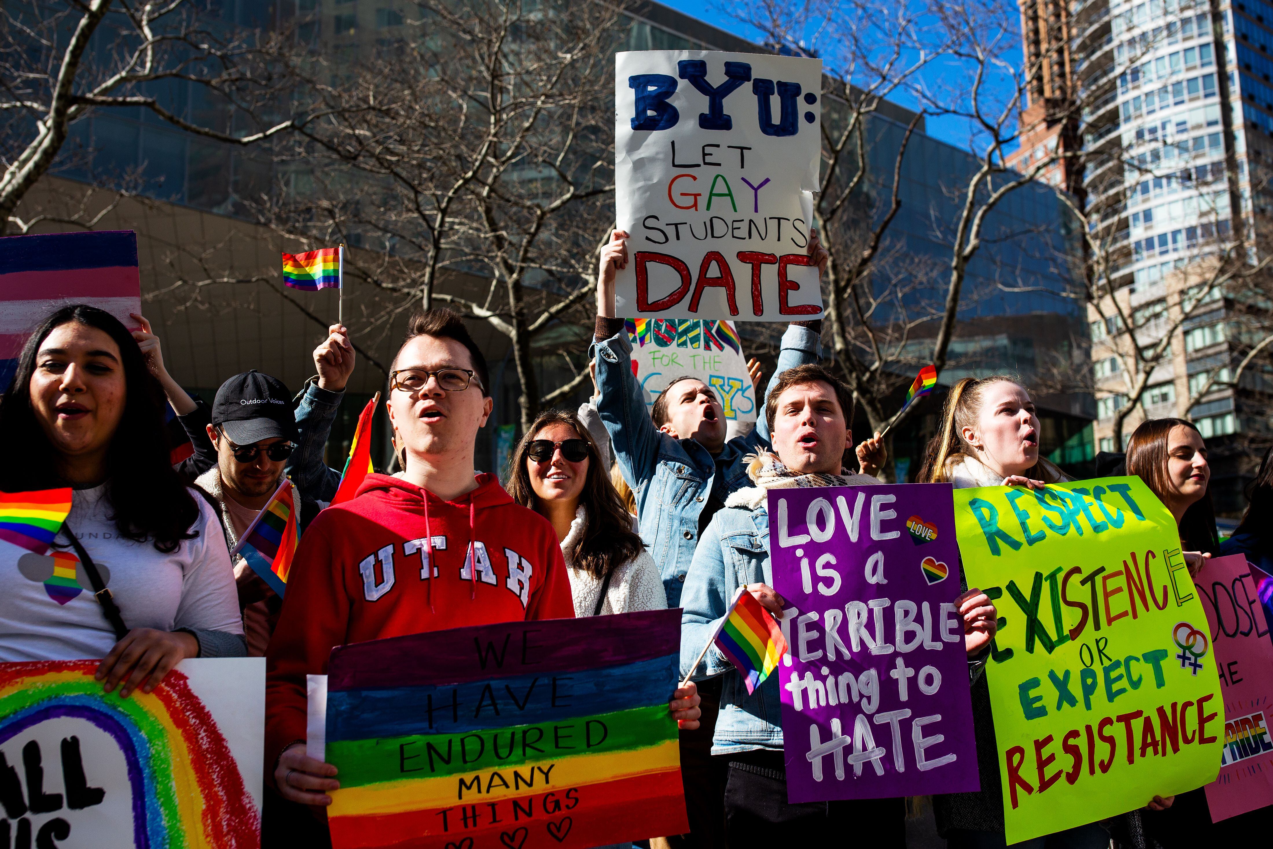 (Demetrius Freeman | for The Salt Lake Tribune) Current and former members of the Church of Jesus Christ of Latter-day Saints, the LGBTQ+ community, and supporters gather at Lincoln square across from the Mormon temple in Manhattan, New York, on March 7, 2020, to stand in solidarity with LGBTQ+ students who attending Brigham Young University. Brigham Young University reinstated homophobic policies in their student handbook that prohibit Òhomosexual behavior.Ó