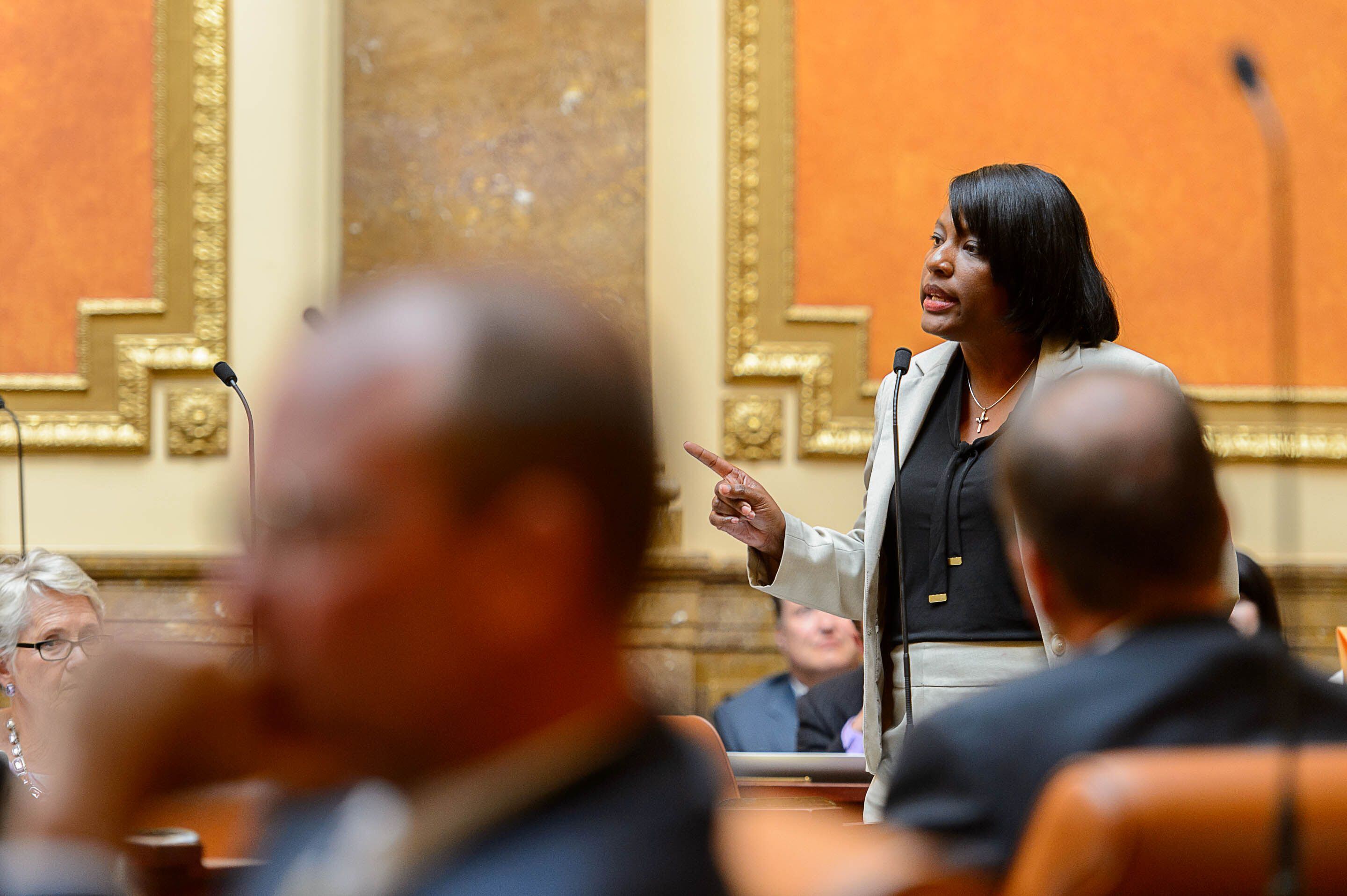 Trent Nelson | The Salt Lake Tribune Rep. Sandra Hollins, D-Salt Lake City, speaks as the Utah House in Salt Lake City, Wednesday August 19, 2015.