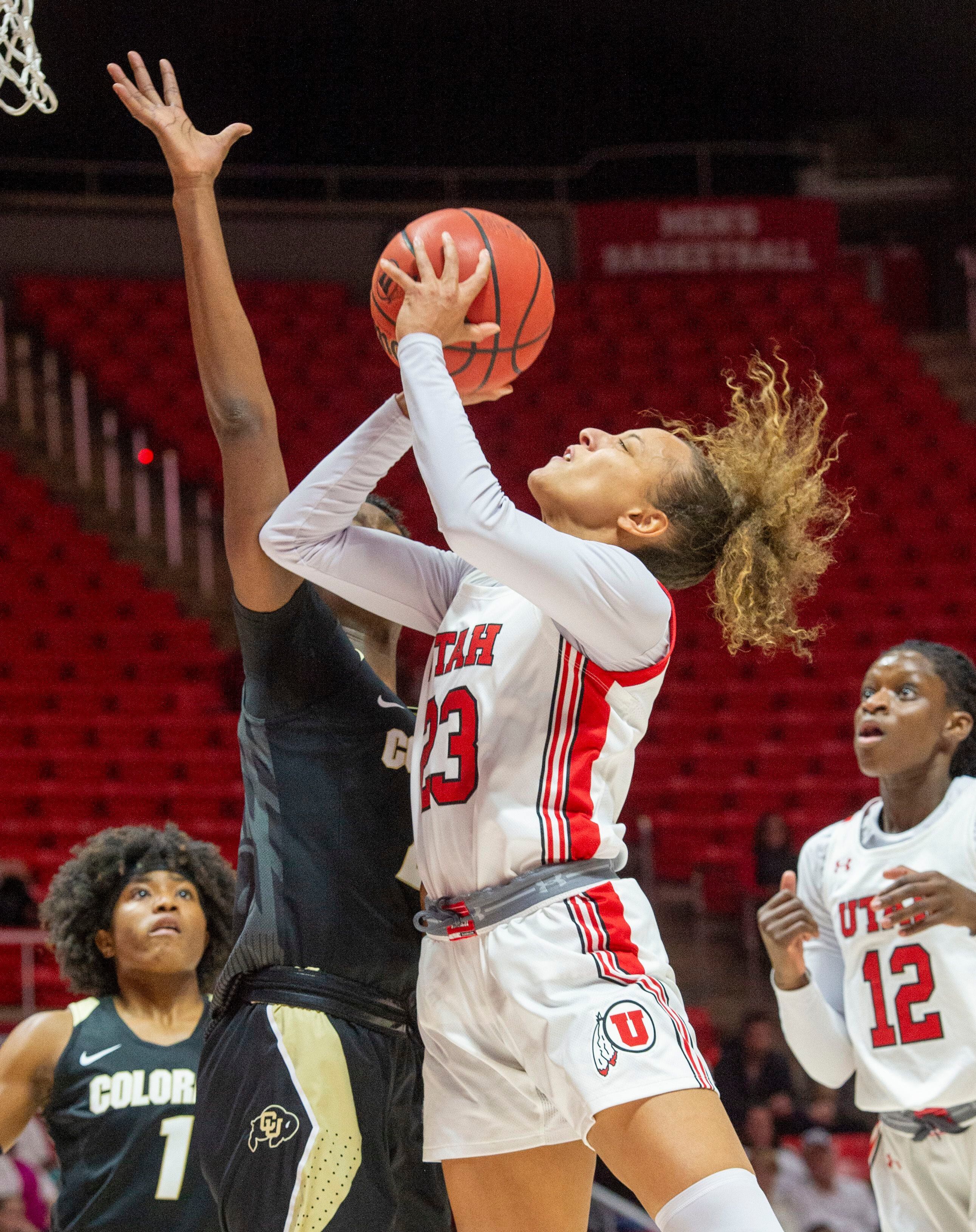 (Rick Egan | The Salt Lake Tribune) Utah guard Daneesha Provo (23) shoots for the Utes, in PAC-12 basketball action between the Utah Utes and the Colorado Buffaloes, at the Jon M. Huntsman Center, Sunday, Nov. 29, 2019.