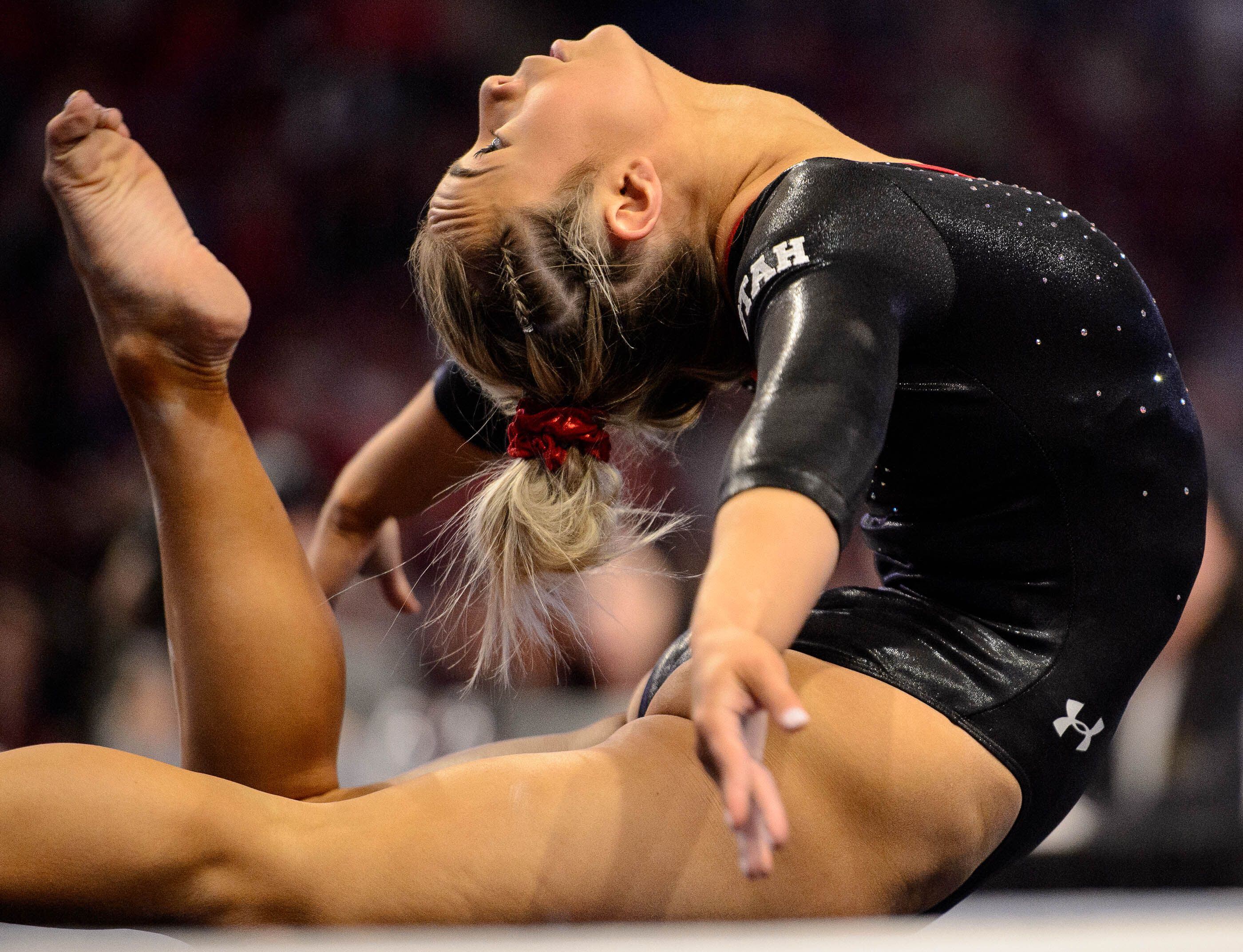 (Trent Nelson | The Salt Lake Tribune) Utah's Sydney Soloski on the floor at the Best of Utah NCAA Gymnastics Meet in West Valley City on Saturday, Jan. 11, 2020.