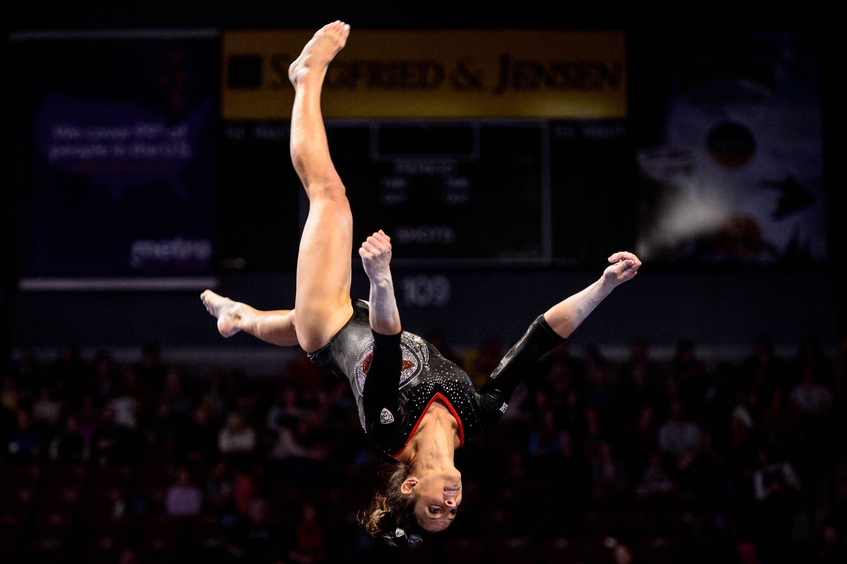 (Trent Nelson | The Salt Lake Tribune) Utah's Emilie LeBlanc on the beam at the Best of Utah NCAA Gymnastics Meet in West Valley City on Saturday, Jan. 11, 2020.