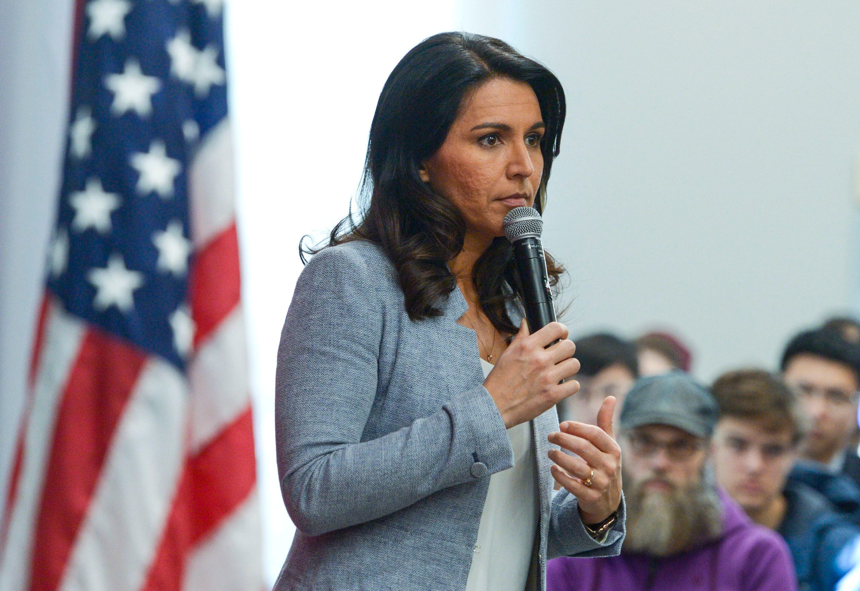 (Leah Hogsten | The Salt Lake Tribune) Tulsi Gabbard, U.S. Representative for Hawaii' and Democratic presidential candidate, delivers her stump speech at a "meet the candidate" event at the University of Utah's Hinckley Institute of Politics, Feb. 21, 2020.