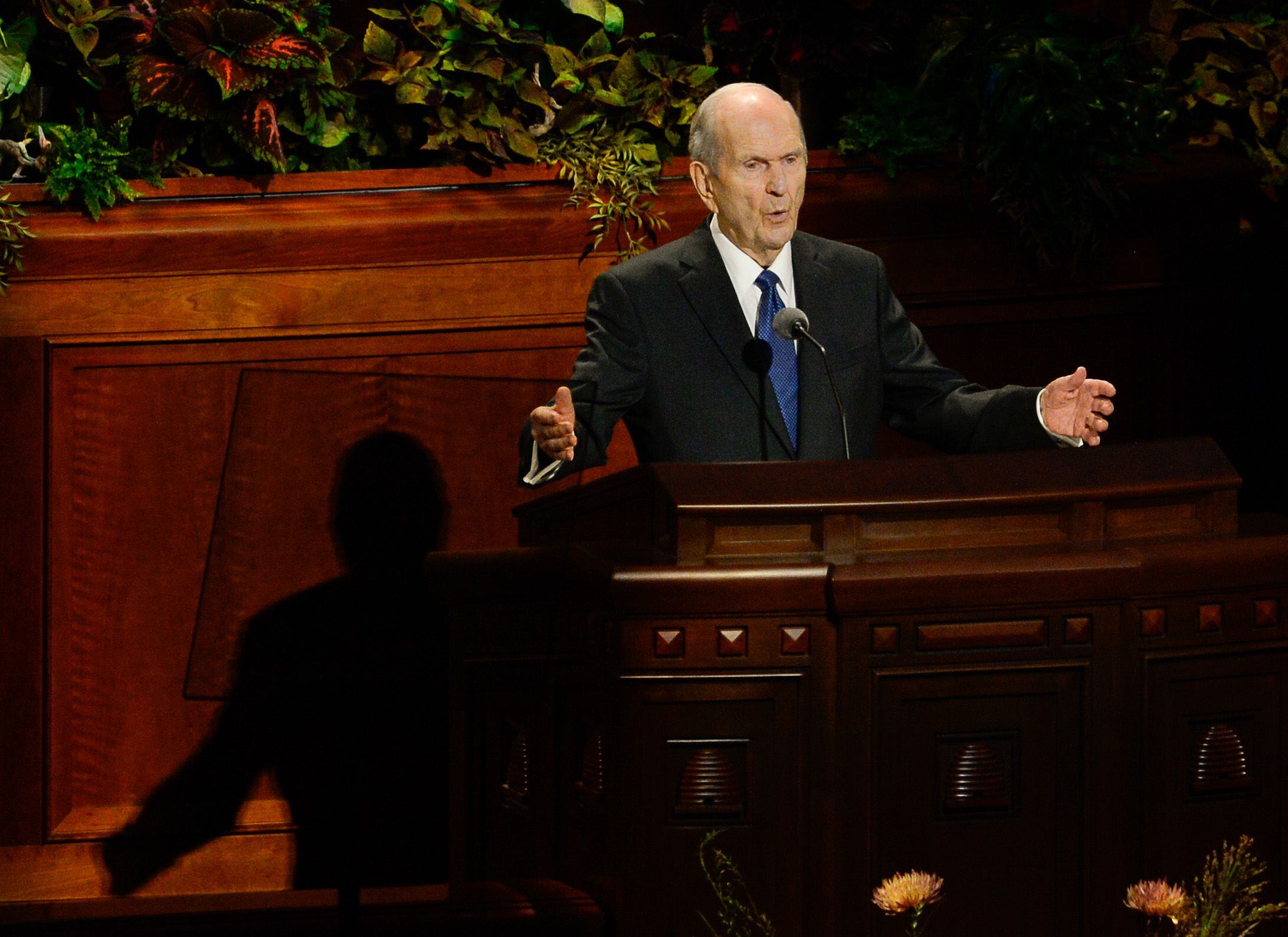 (Francisco Kjolseth | The Salt Lake Tribune) President Russell M. Nelson speaks during the Sunday morning session of the 189th twice-annual General Conference of The Church of Jesus Christ of Latter-day Saints at the Conference Center in Salt Lake City on Sunday, Oct. 6, 2019.