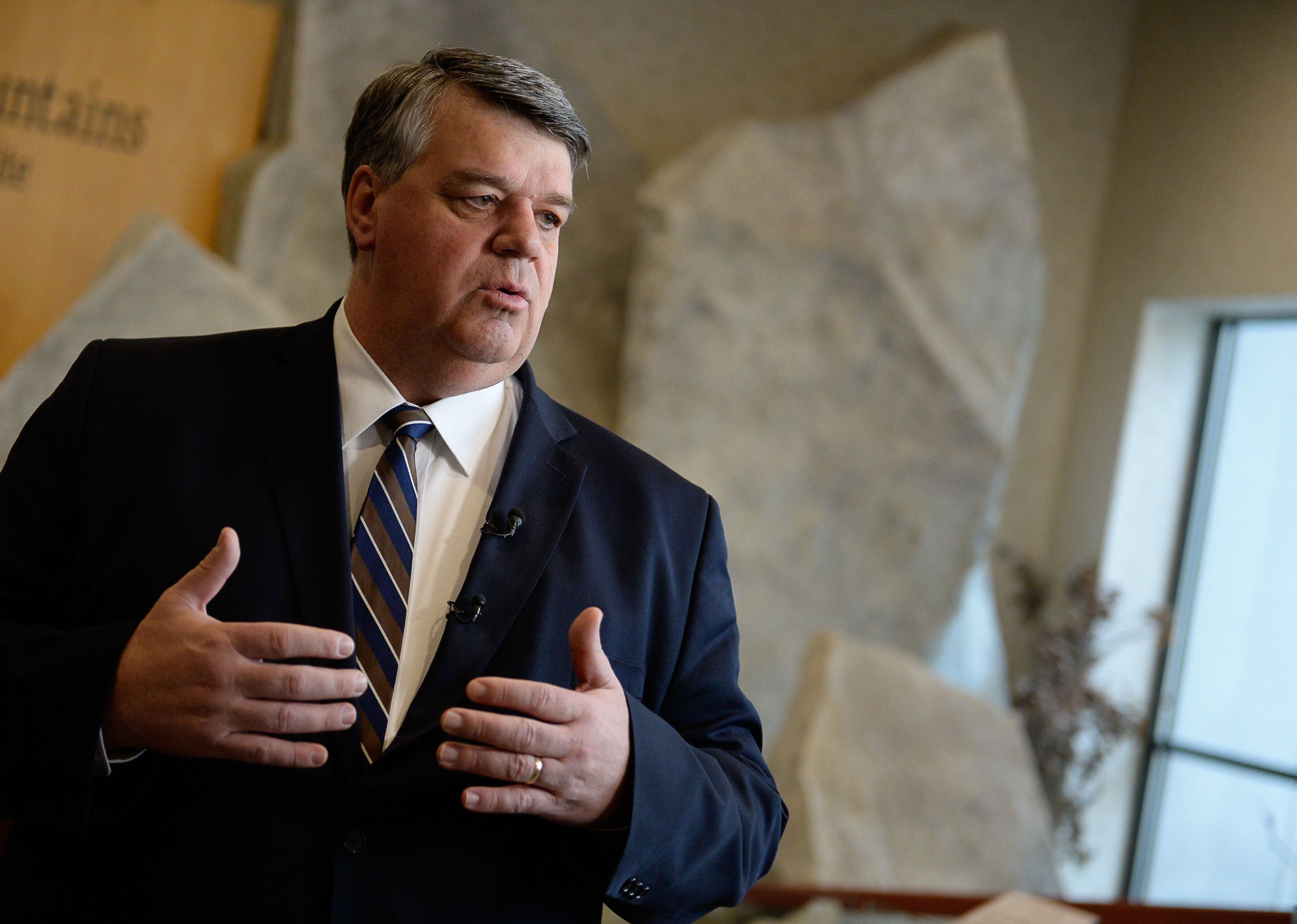 (Francisco Kjolseth | The Salt Lake Tribune) Brent Roberts, managing director, Specialty Projects Dept. speaks about seismic upgrades for the temple as representatives from The Church of Jesus Christ of Latter-day Saints give insights into plans for extensive temple renovations set to close the temple Dec. 29, 2019, through 2024. Parts of the Temple Square Plaza are also set to be renovated.