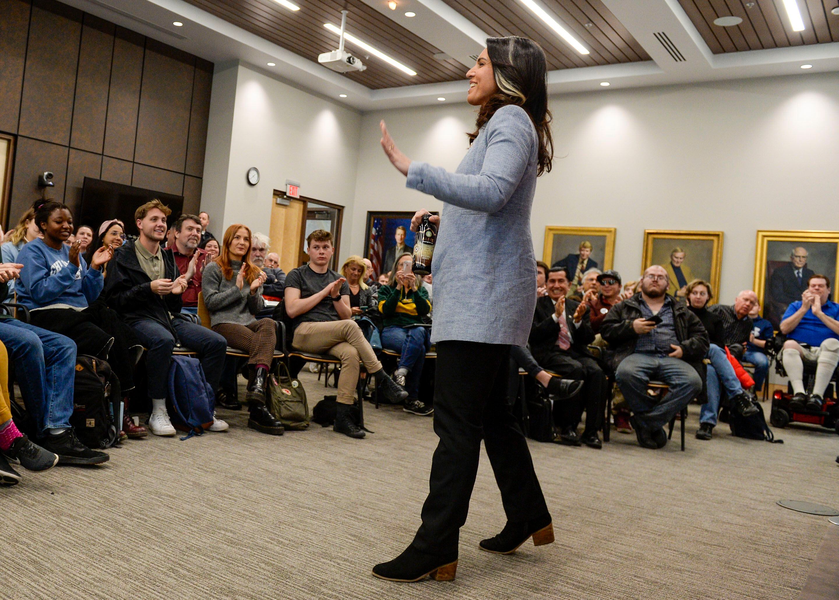 (Leah Hogsten | The Salt Lake Tribune) Tulsi Gabbard, U.S. Representative for Hawaii' and Democratic presidential candidate, delivers her stump speech at a "meet the candidate" event at the University of Utah's Hinckley Institute of Politics, Feb. 21, 2020.