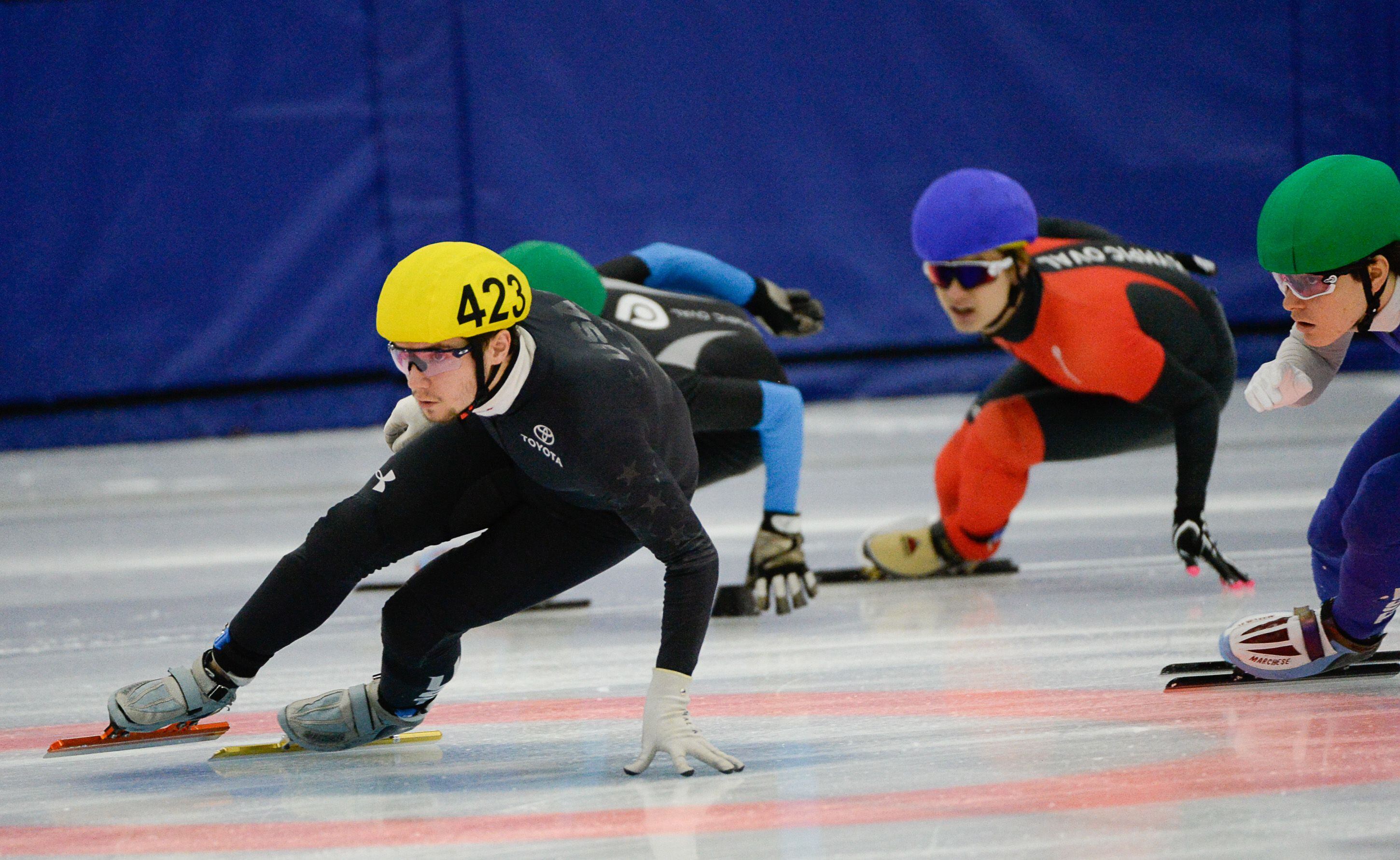 (Francisco Kjolseth | The Salt Lake Tribune) Ryan Pivirotto, left, competes in the 2000 meter mixed semifinal relay race as part of the U.S. Short Track Speedskating championships on Friday, Jan. 3, 2020, at the Utah Olympic Oval in Kearns.