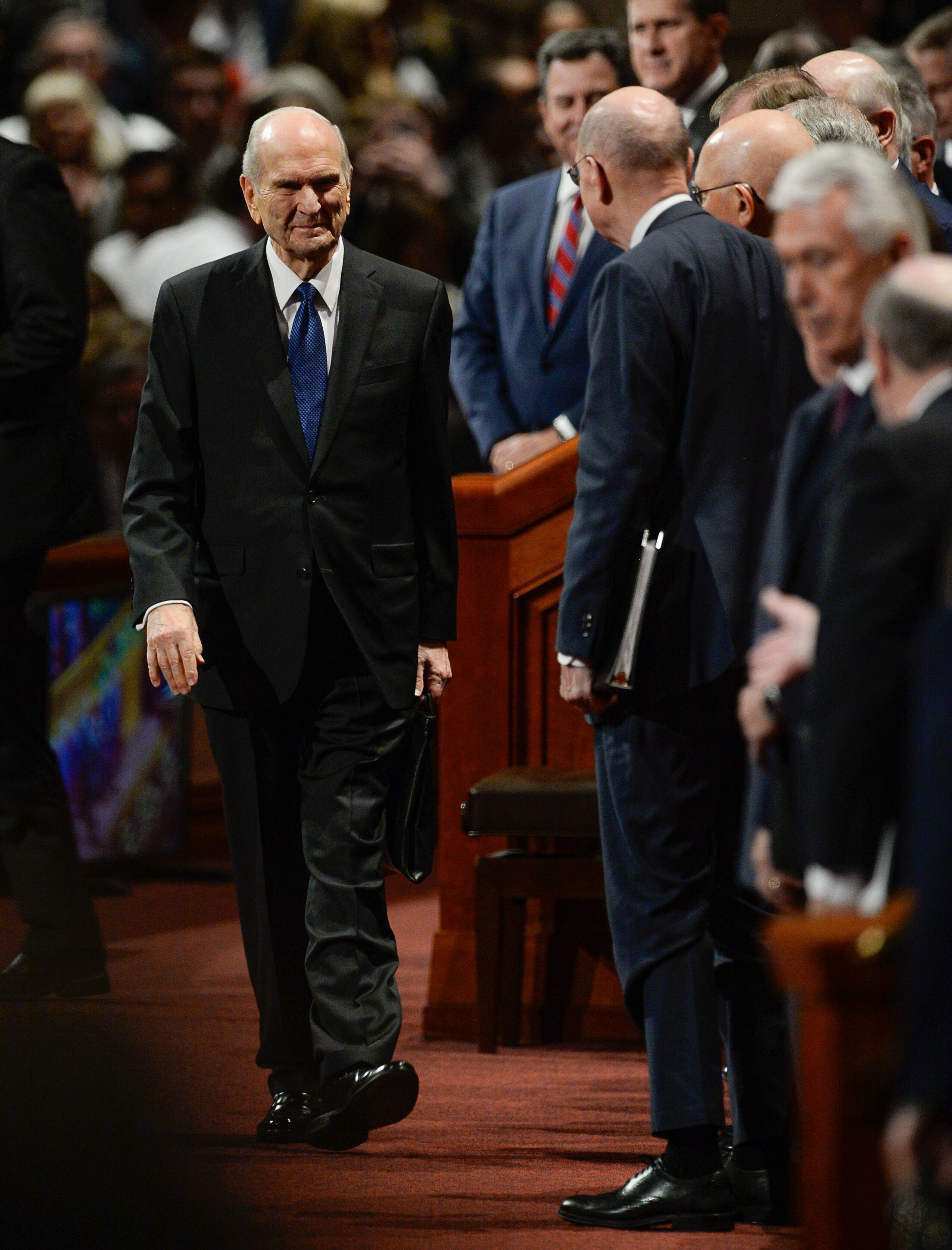 (Francisco Kjolseth | The Salt Lake Tribune) President Russell M. Nelson exits at the conclusion of the Sunday morning session of the 189th twice-annual General Conference of The Church of Jesus Christ of Latter-day Saints at the Conference Center in Salt Lake City on Sunday, Oct. 6, 2019.