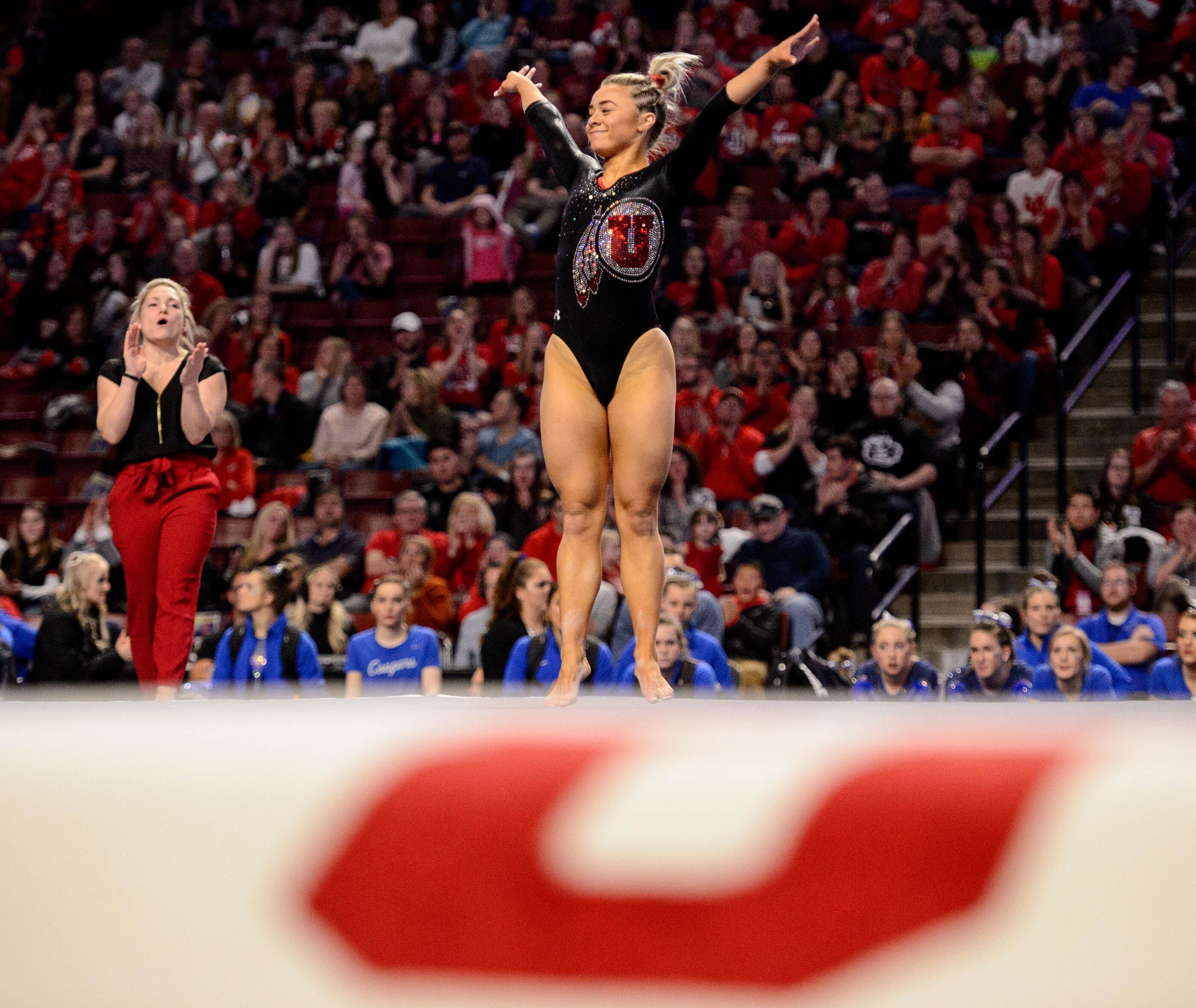 (Trent Nelson | The Salt Lake Tribune) Utah's Sydney Soloski on the floor at the Best of Utah NCAA Gymnastics Meet in West Valley City on Saturday, Jan. 11, 2020.