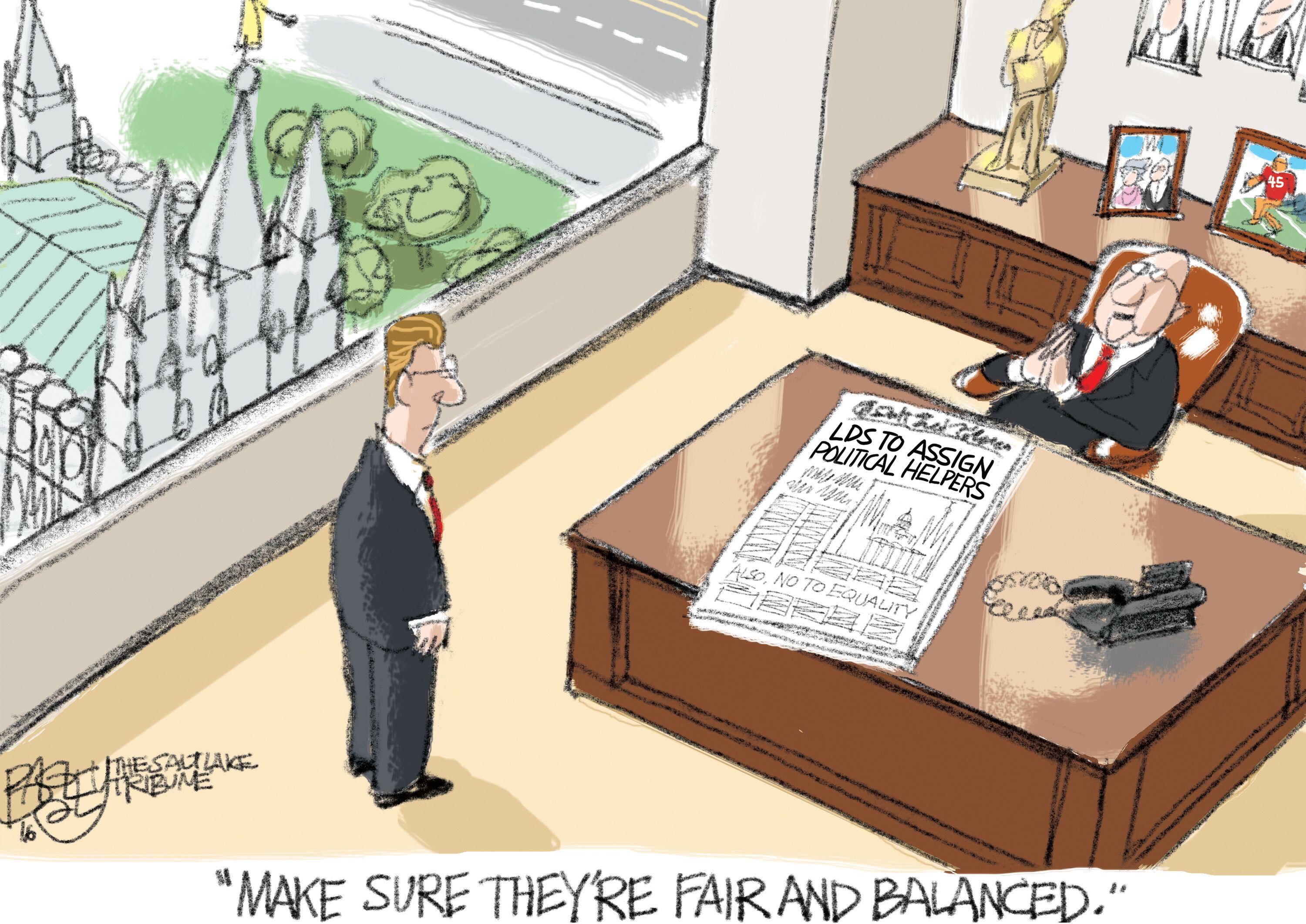 (Pat Bagley | The Salt Lake Tribune) This cartoon, titled "Churchy State," appears in The Salt Lake Tribune on Wednesday, May 15, 2019.