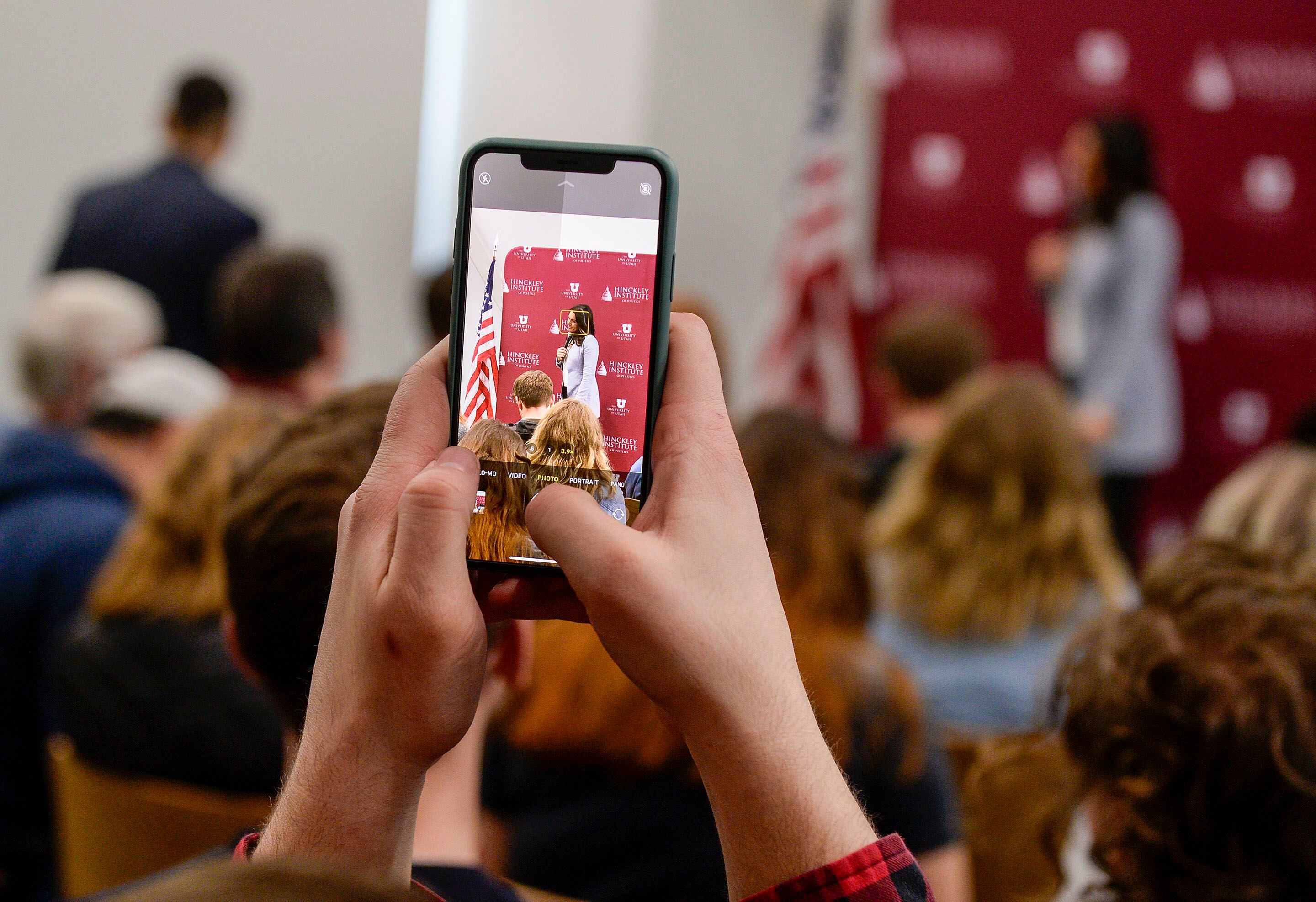 (Leah Hogsten | The Salt Lake Tribune) Tulsi Gabbard, U.S. Representative for Hawaii' and Democratic presidential candidate, delivers her stump speech at a "meet the candidate" event at the University of Utah's Hinckley Institute of Politics, Feb. 21, 2020.