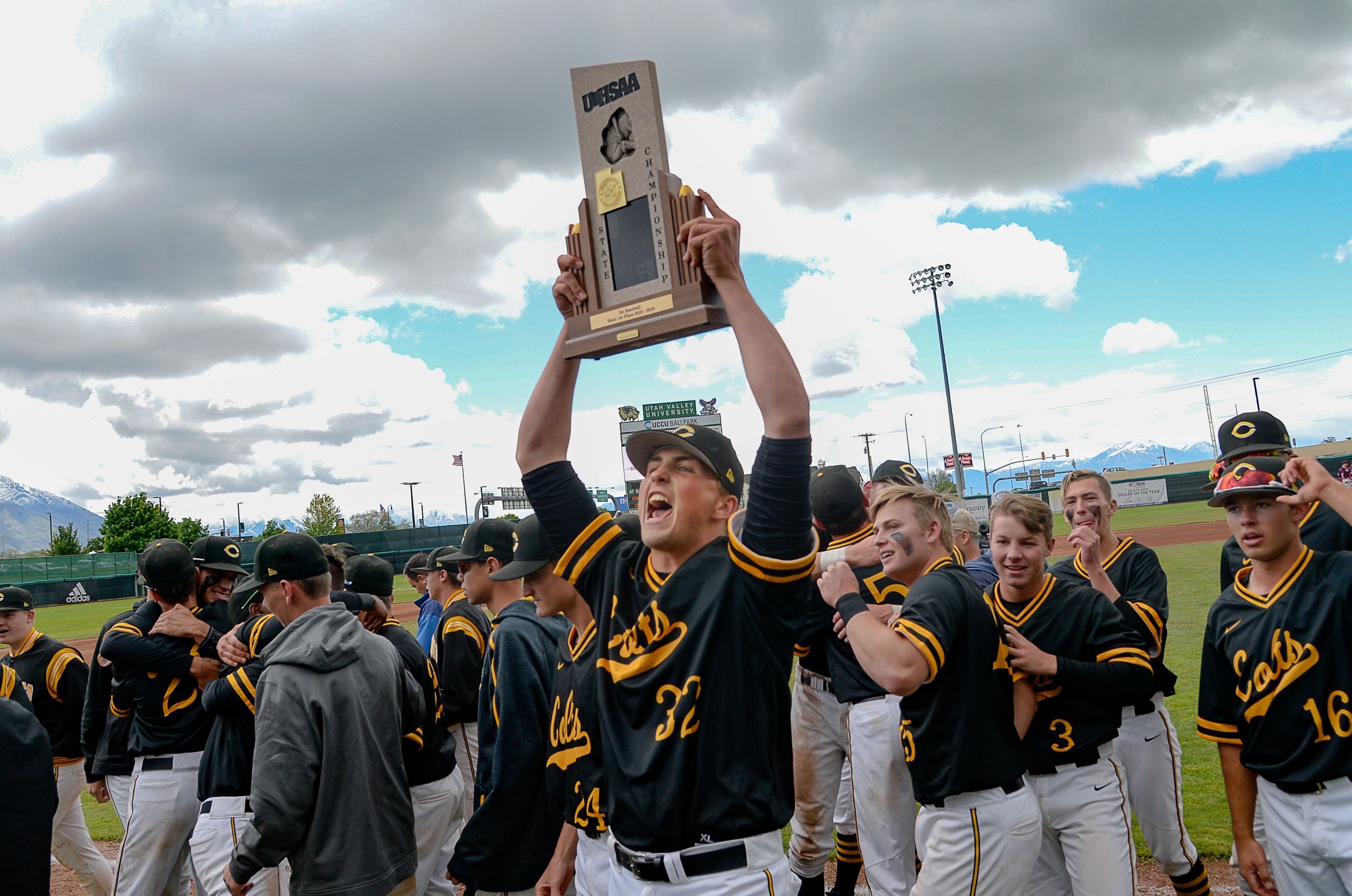 (Francisco Kjolseth | The Salt Lake Tribune) Cottonwood's Porter Hodge celebrates their 6-1 win over Timpanogos during the 5A baseball championship game at UCCU Stadium on the UVU campus in Orem, Friday, May 24, 2019.