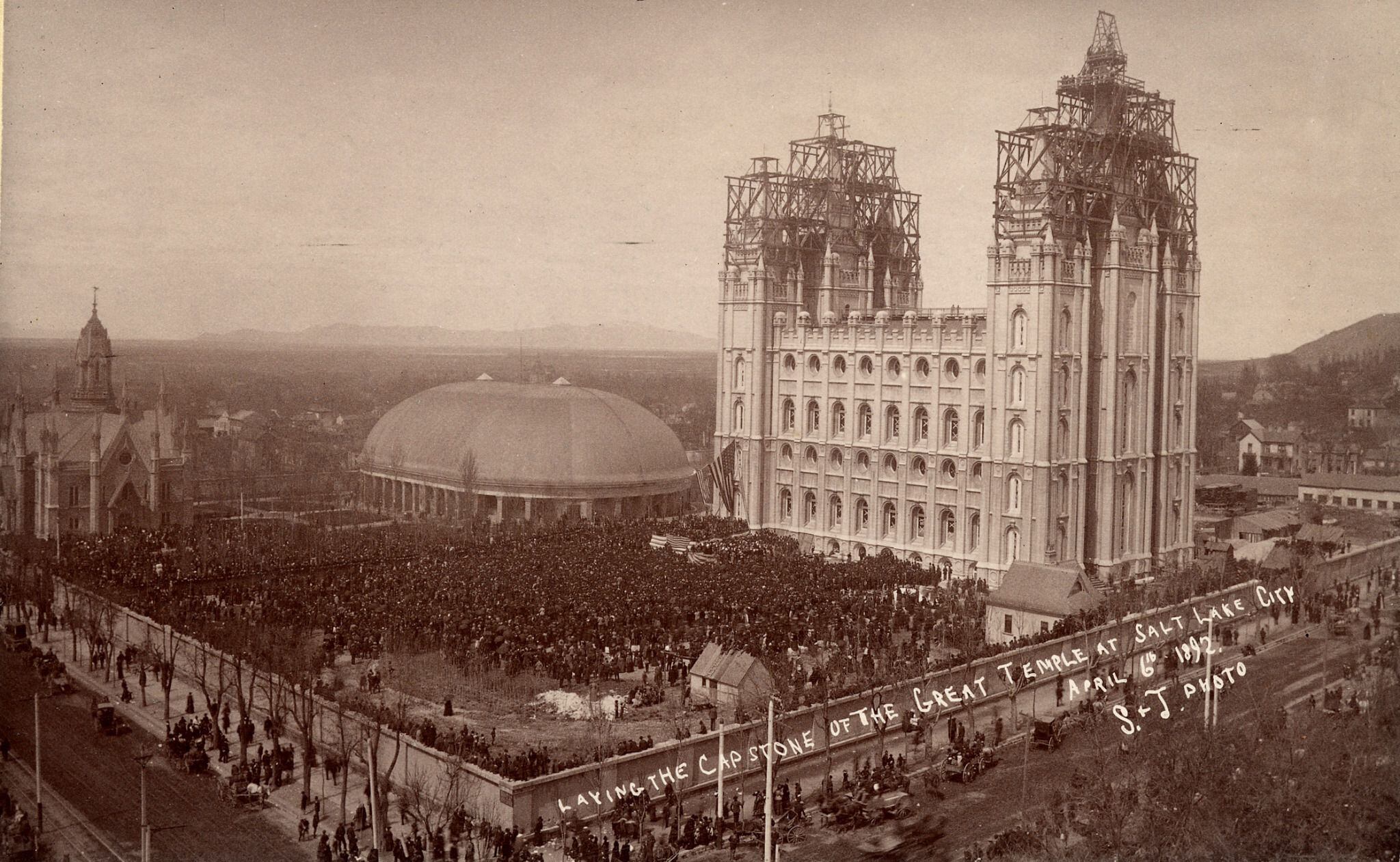 (photo courtesy The Church of Jesus Christ of Latter-day Saints) A crowd of 30,000 people gathered to witness the laying of the capstone of the Salt Lake Temple on April 6, 1892.