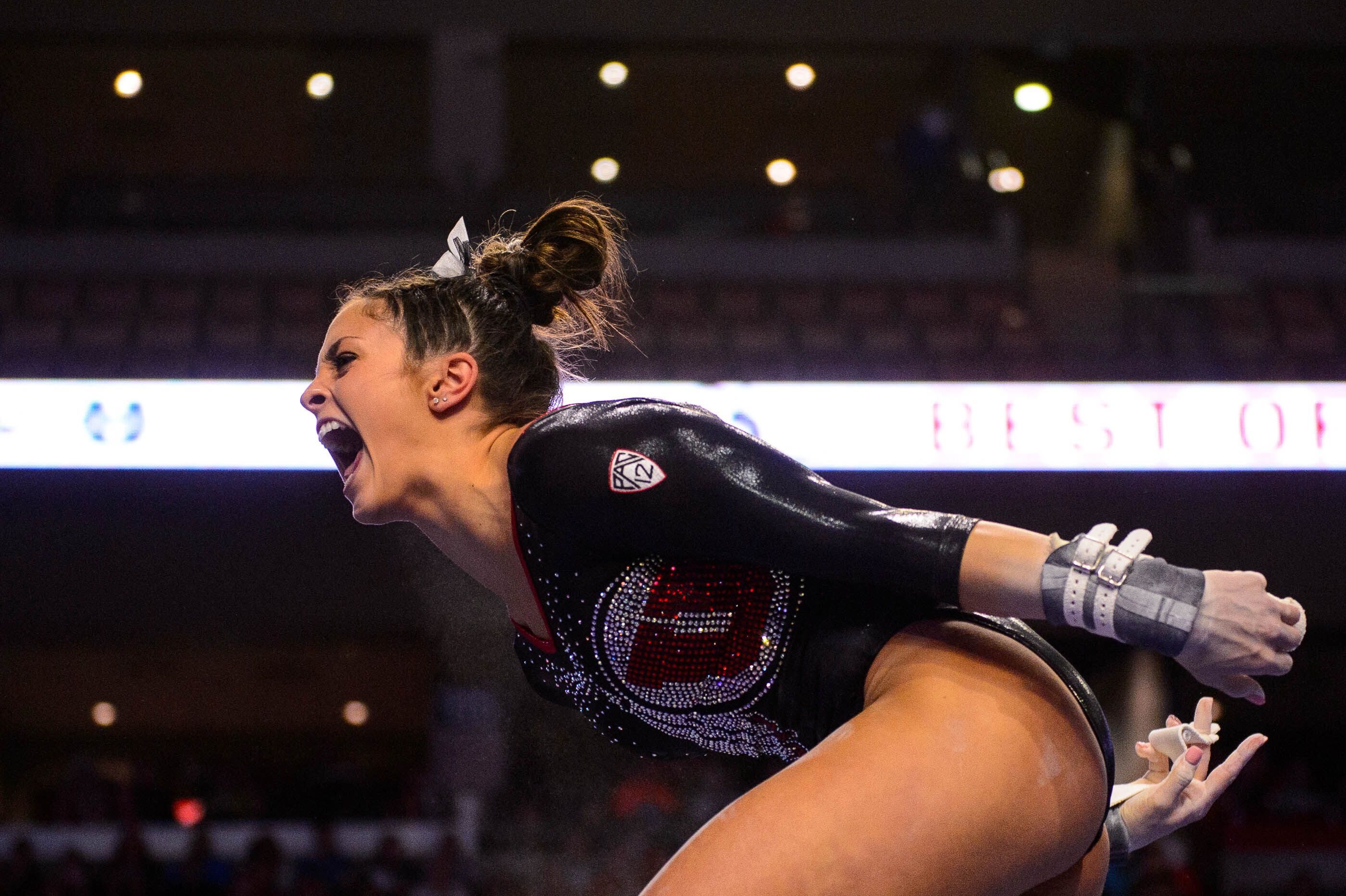 (Trent Nelson | The Salt Lake Tribune) Utah's Emilie LeBlanc on the bars at the Best of Utah NCAA Gymnastics Meet in West Valley City on Saturday, Jan. 11, 2020.